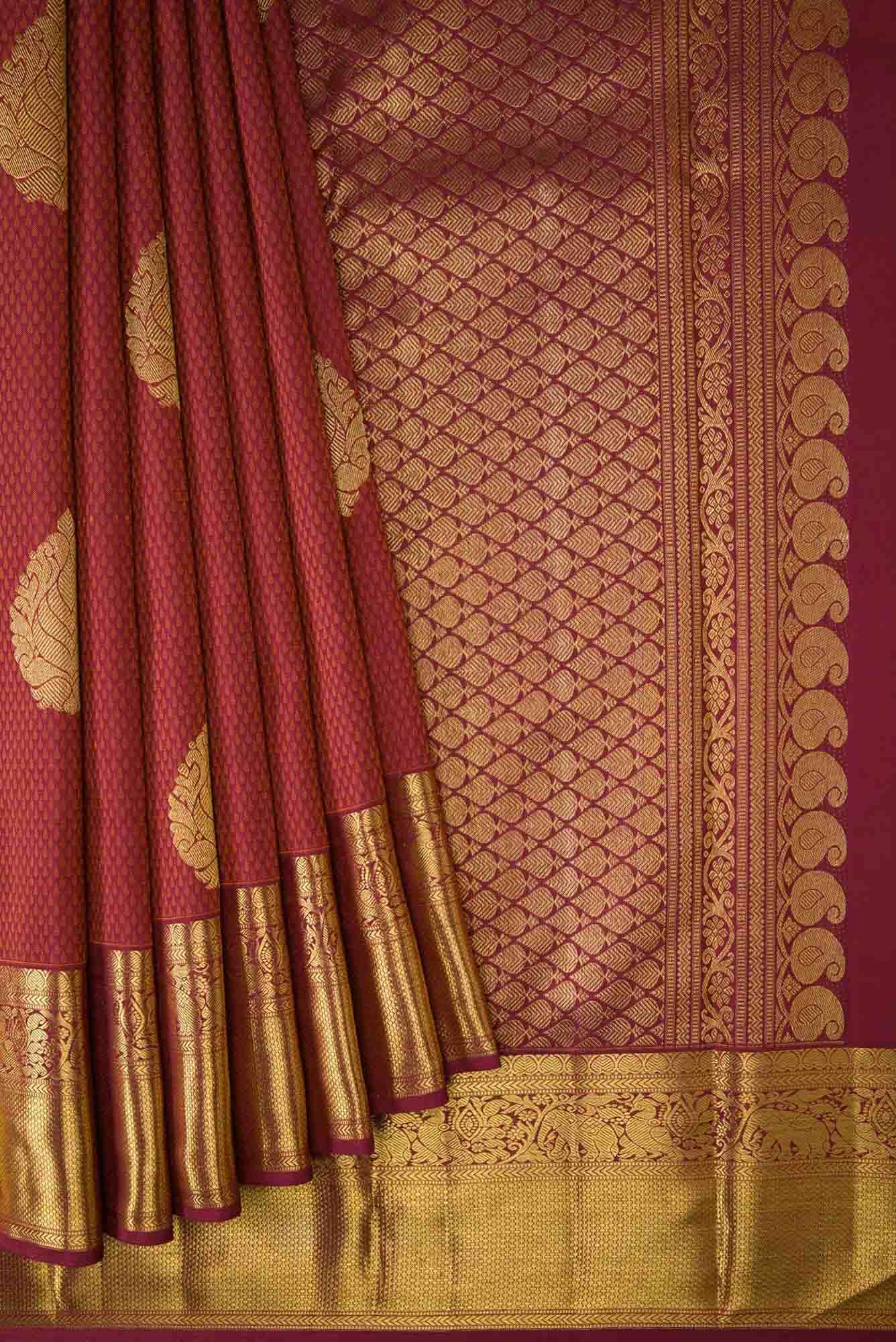 Pure Silk Pure Zari Maroon Dual Tone Kanchipuram Saree