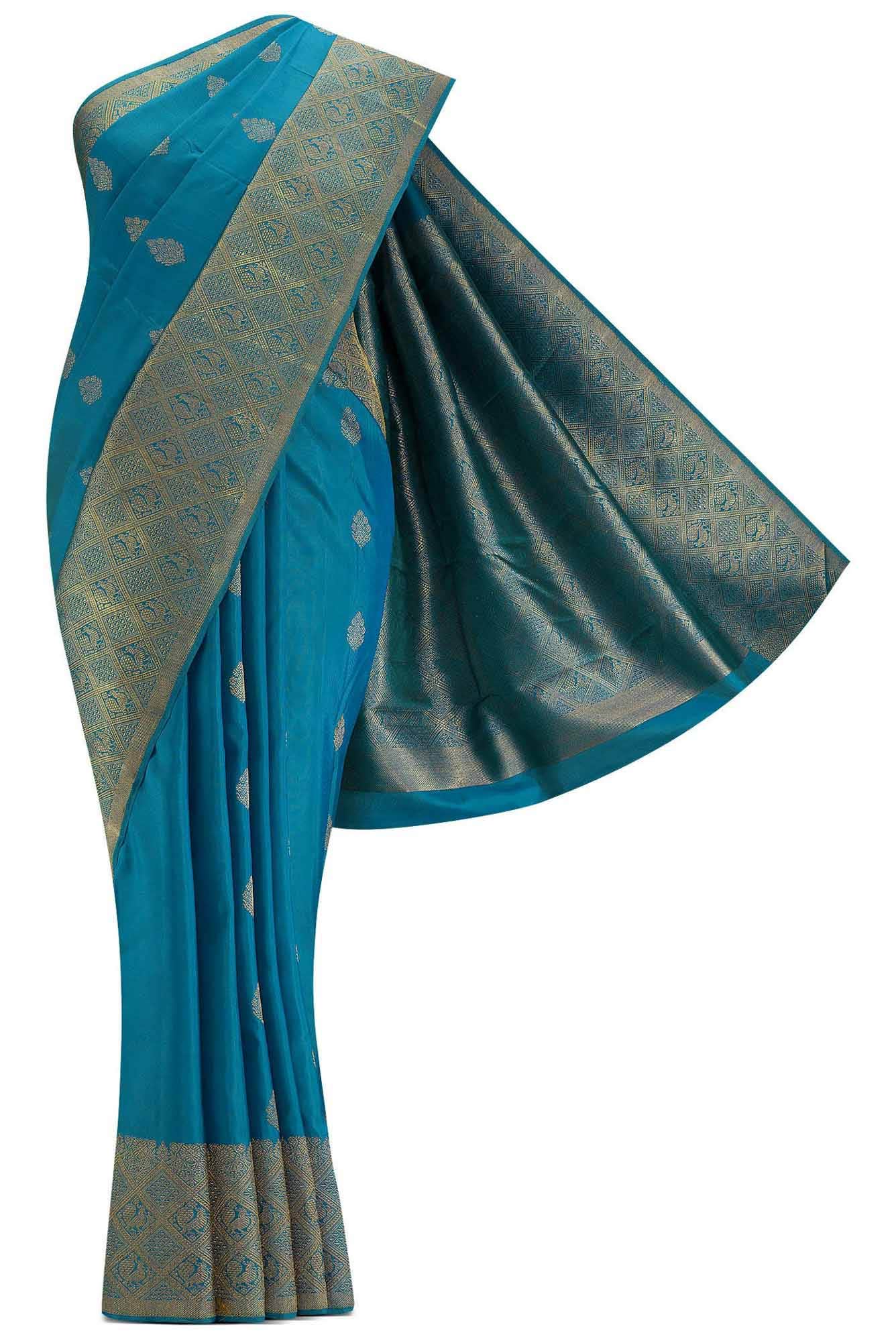 Pure Silk Pure Zari Peacock Blue Dual Tone Kanchipuram Saree