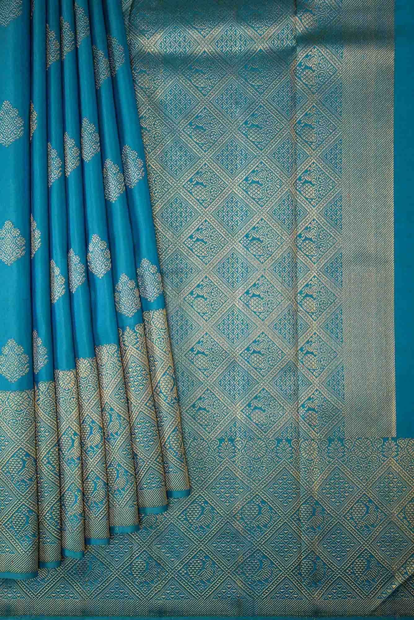 Pure Silk Pure Zari Peacock Blue Dual Tone Kanchipuram Saree