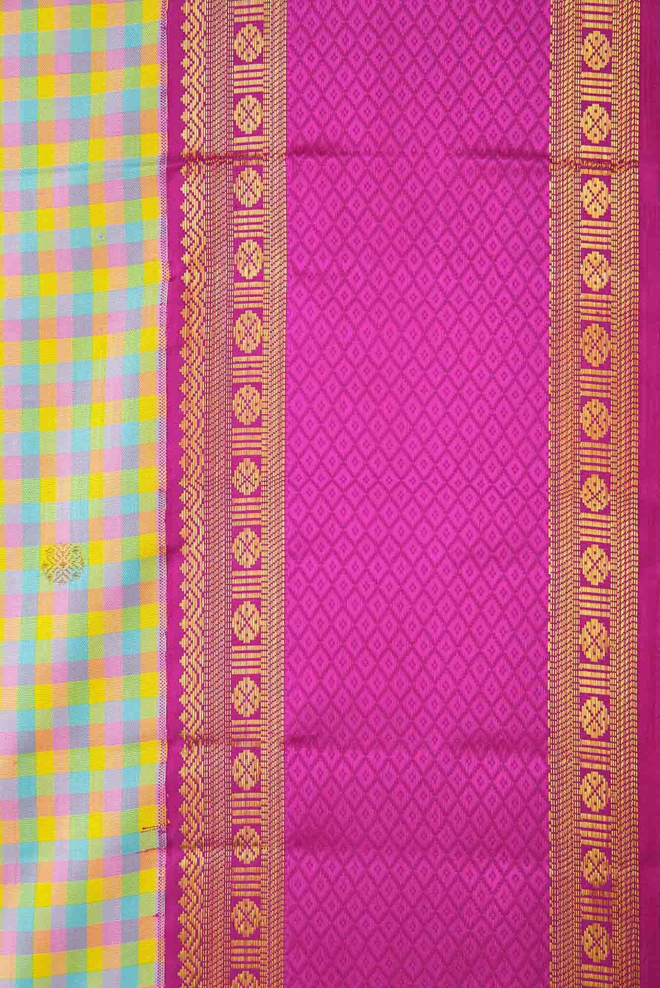 Blue|Yellow|Green and Purple Dual Tone Kanchipuram Silk Saree