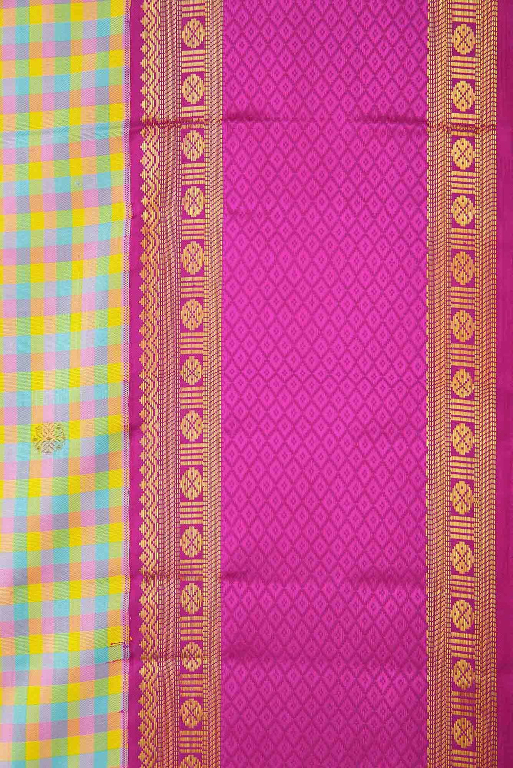 Blue|Yellow|Green and Purple Dual Tone Kanchipuram Silk Saree