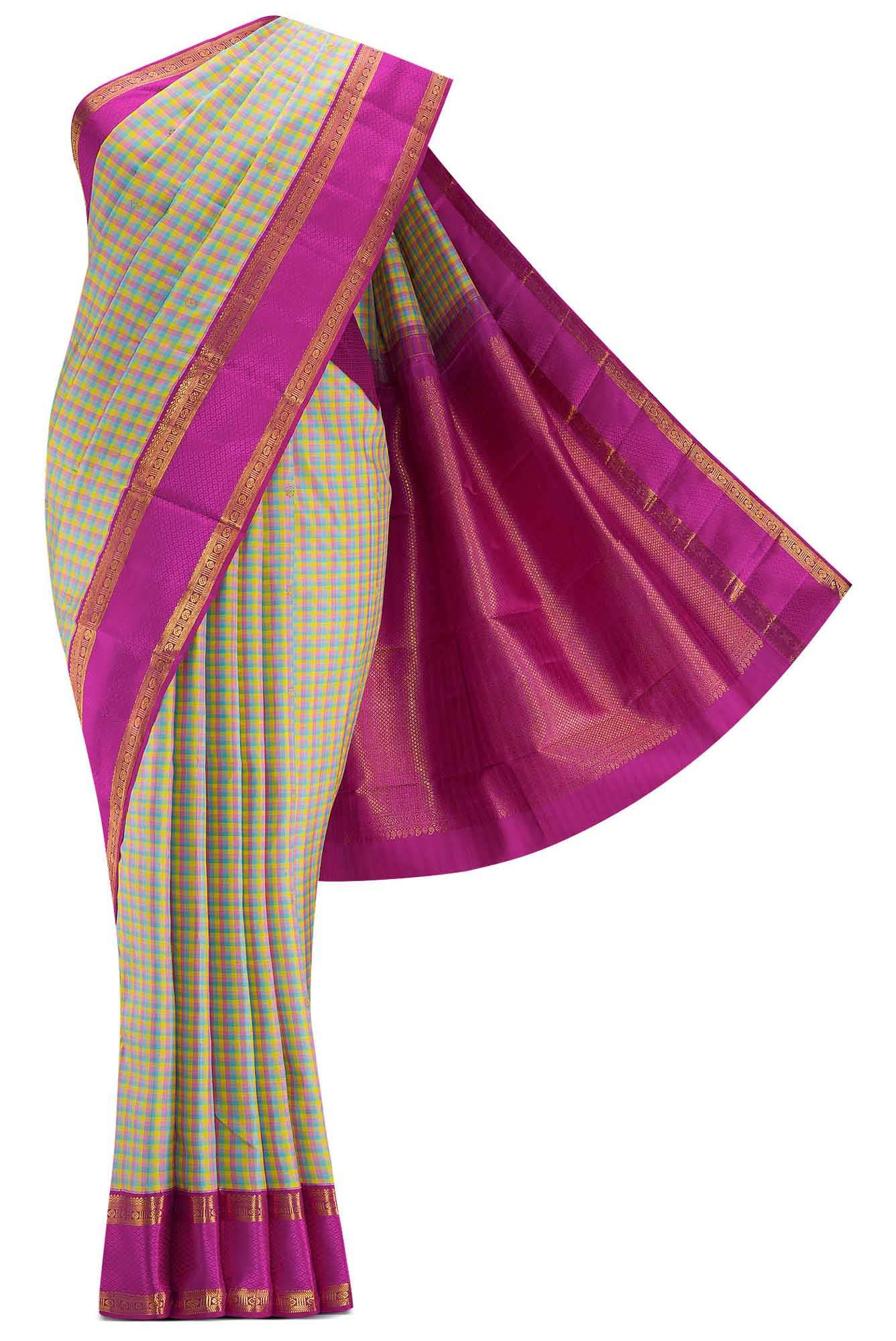 Blue|Yellow|Green and Purple Dual Tone Kanchipuram Silk Saree