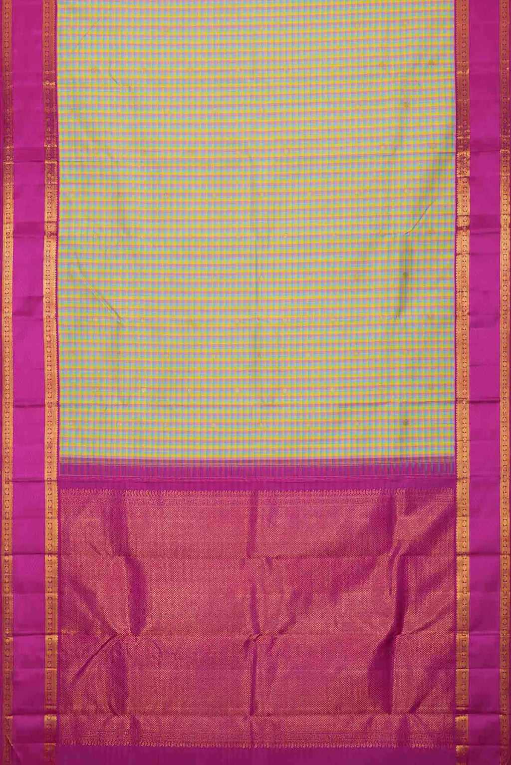 Blue|Yellow|Green and Purple Dual Tone Kanchipuram Silk Saree