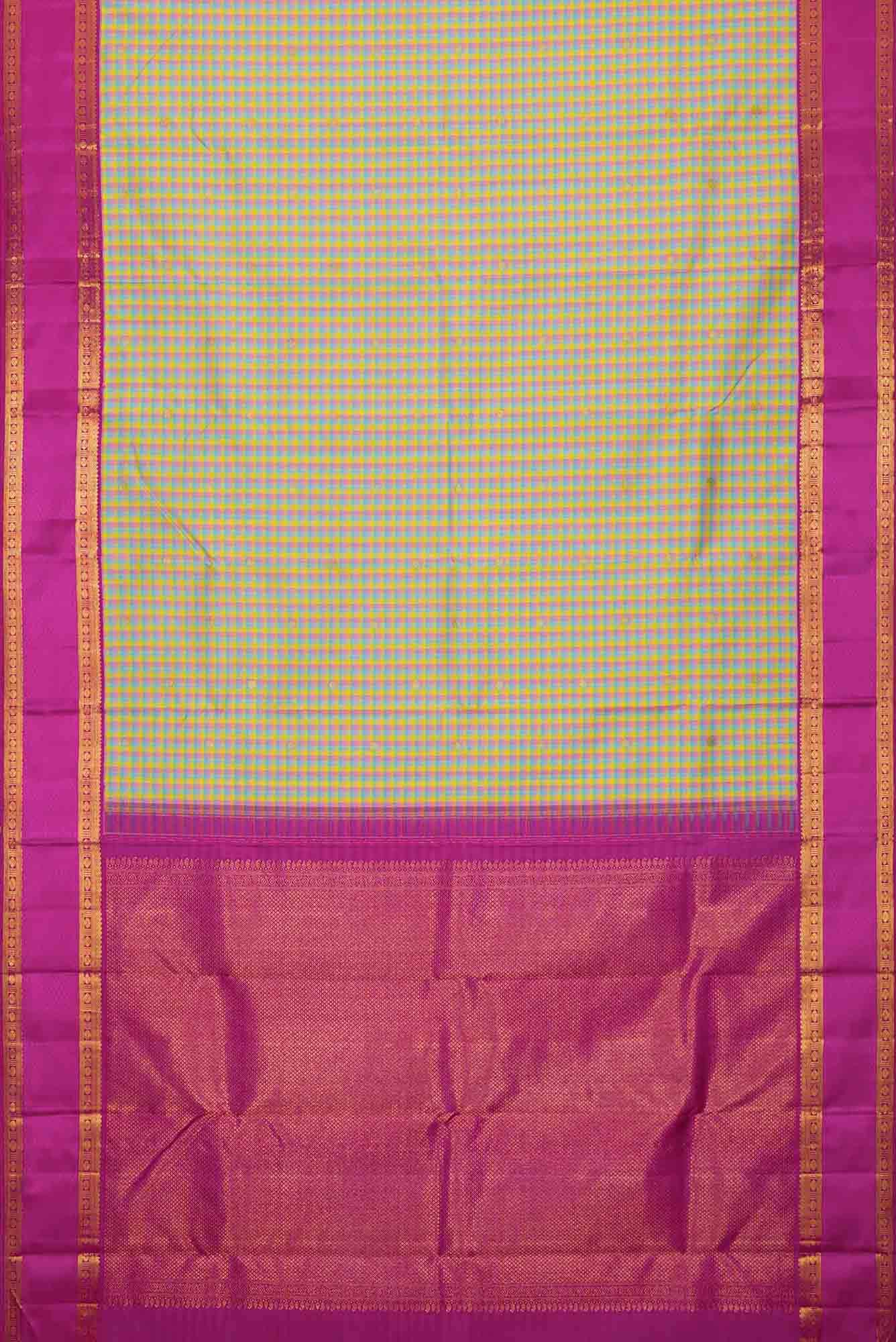 Blue|Yellow|Green and Purple Dual Tone Kanchipuram Silk Saree