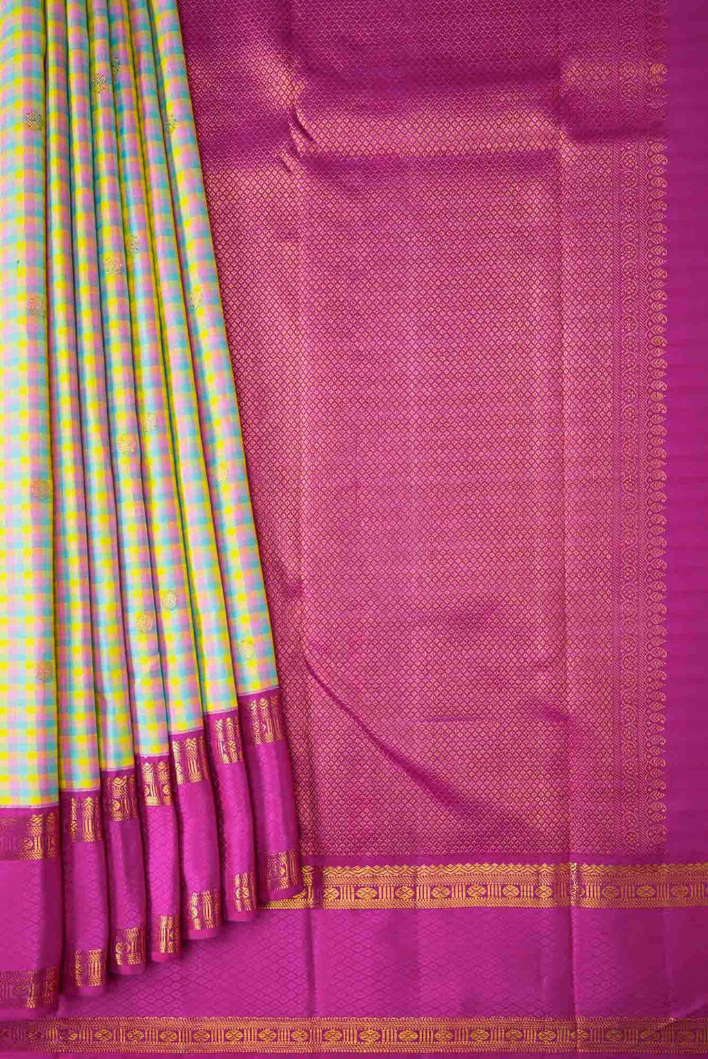 Blue|Yellow|Green and Purple Dual Tone Kanchipuram Silk Saree