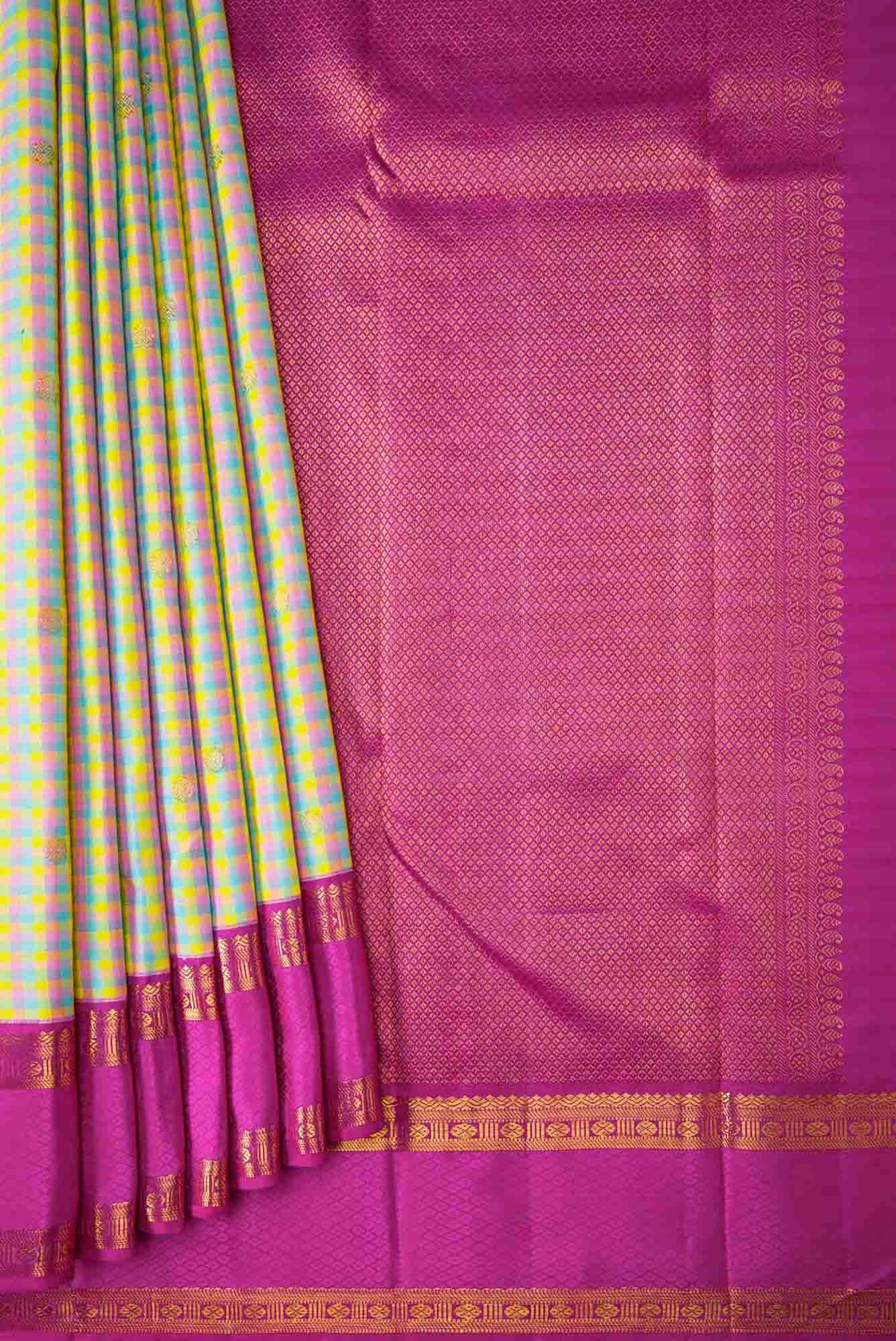 Blue|Yellow|Green and Purple Dual Tone Kanchipuram Silk Saree