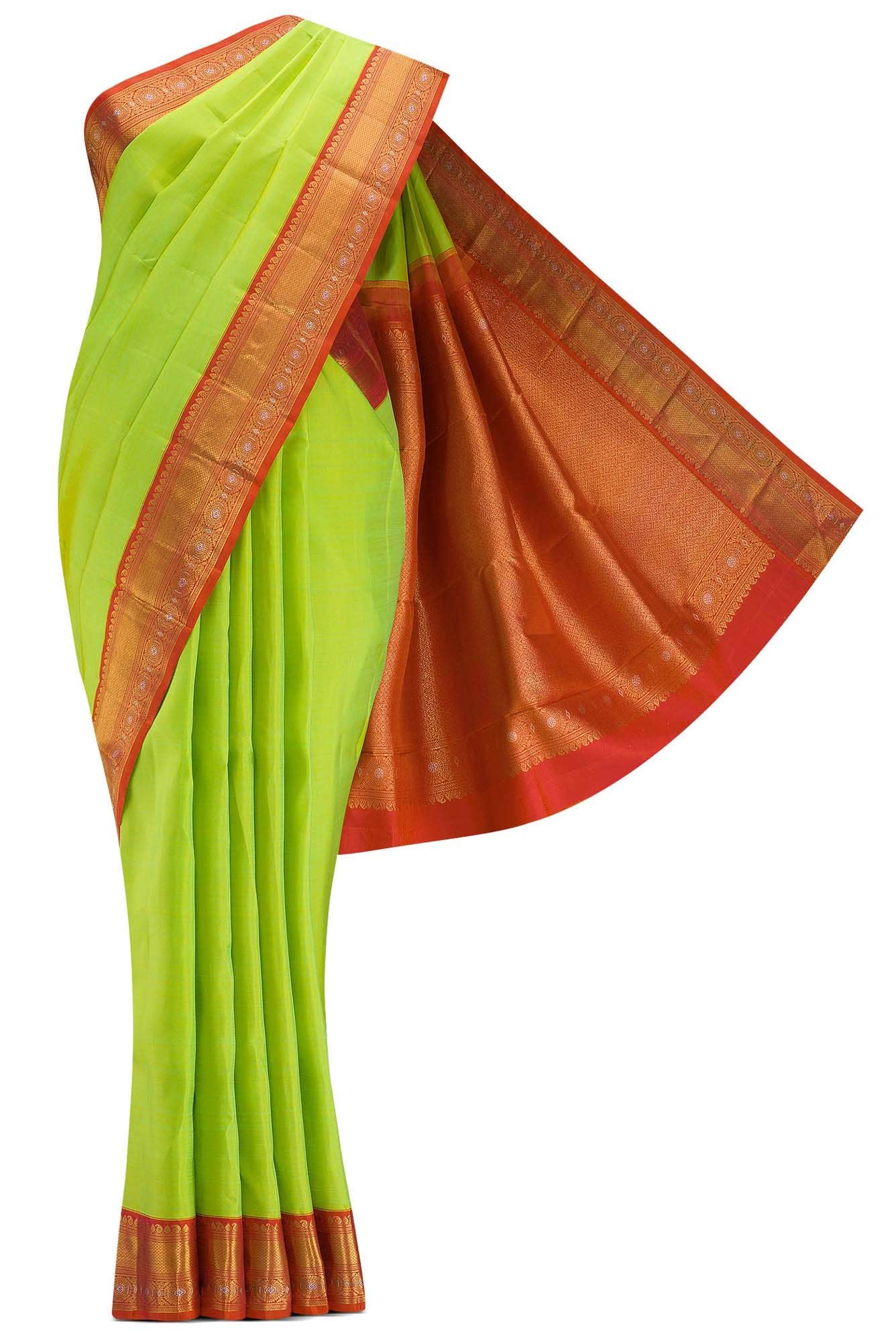 Pure Silk Pure Zari Parrot Green Dual Tone Kanchipuram Saree