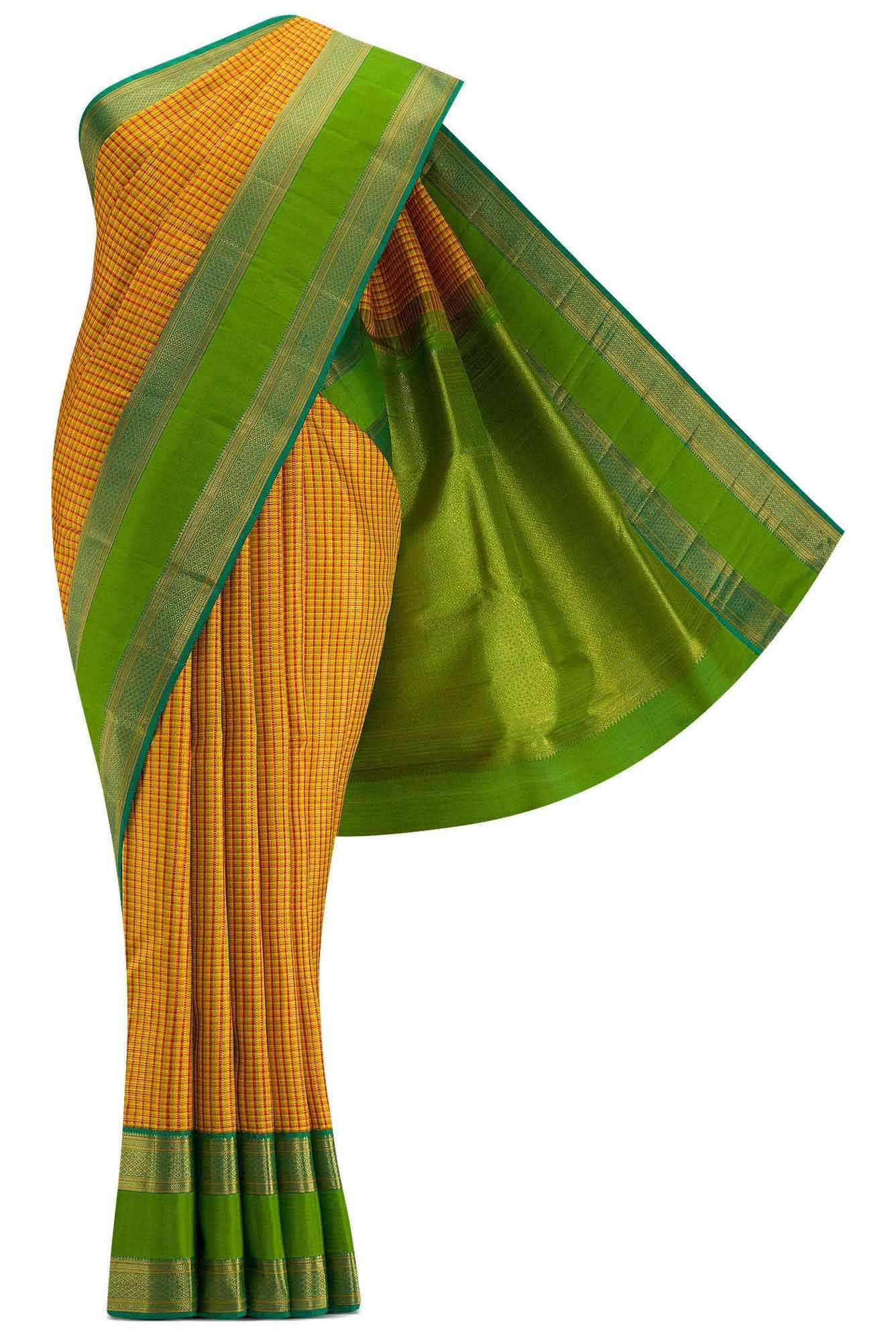 Pure Silk Pure Zari Mustard and Red Dual Tone Kanchipuram Saree