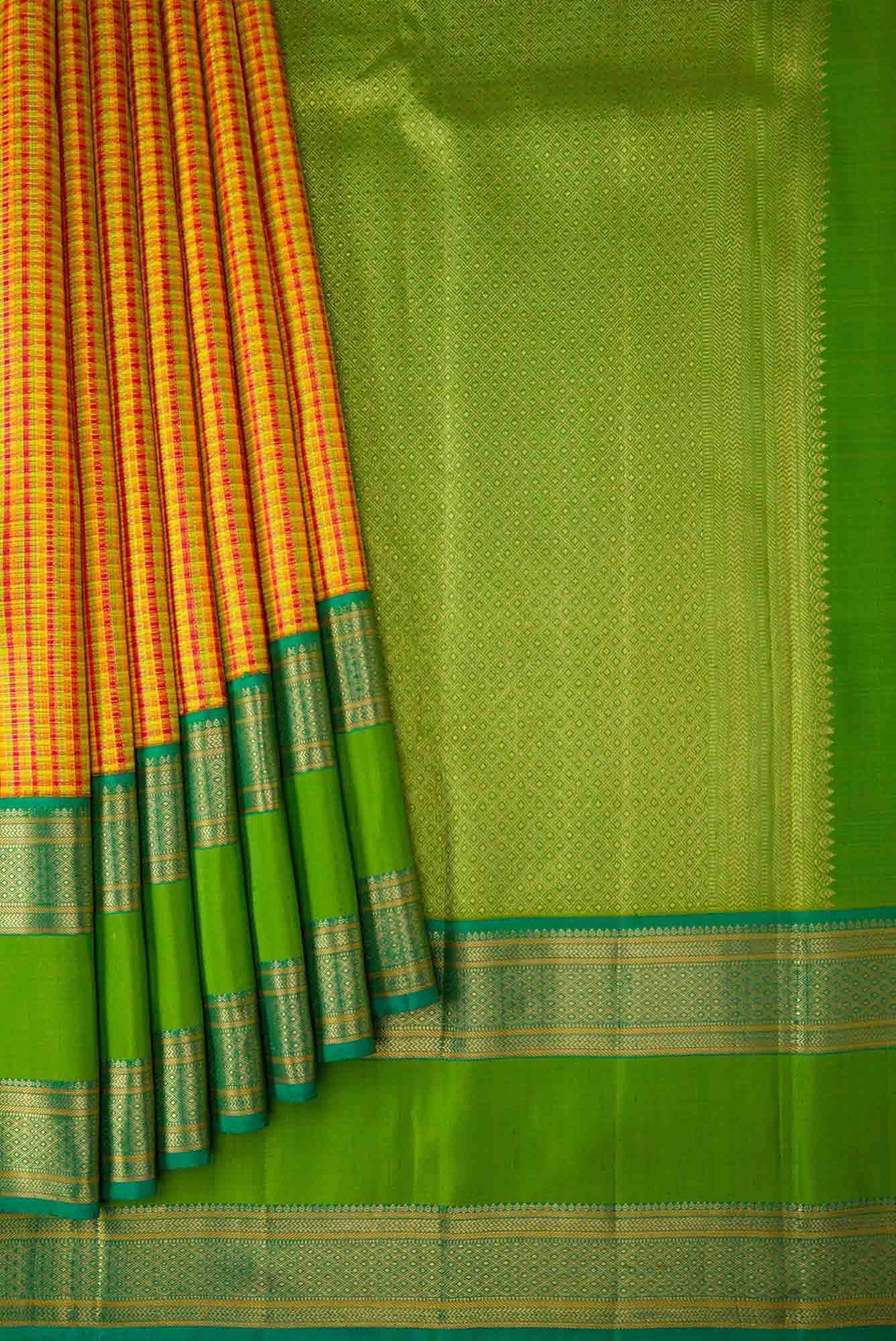 Pure Silk Pure Zari Mustard and Red Dual Tone Kanchipuram Saree