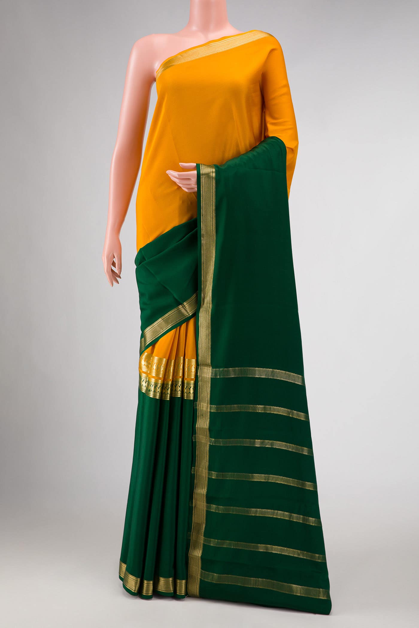 Green and Mustard Dual Tone Mysore Crepe Saree