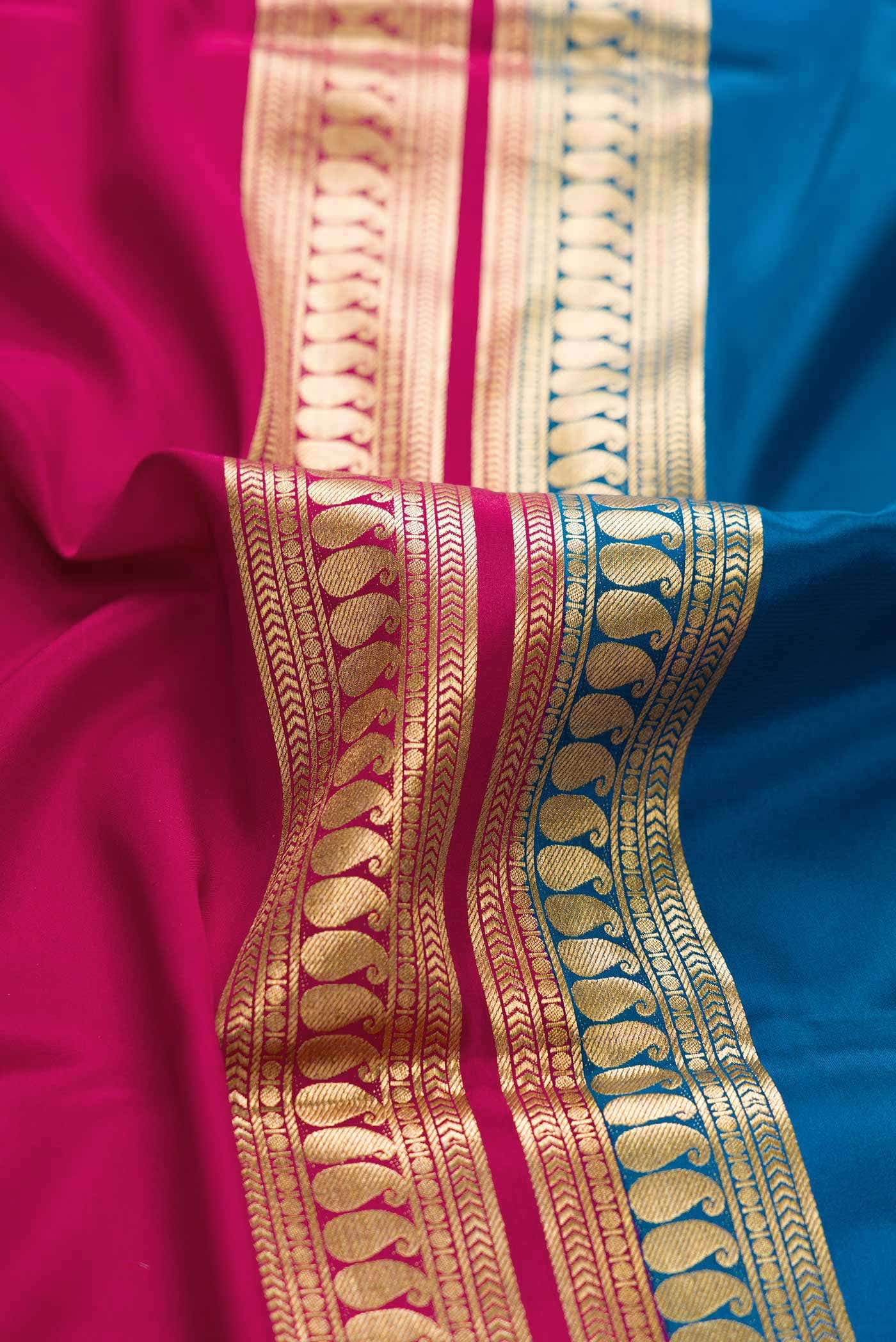 Dark Pink and Peacock Blue Dual Tone Mysore Crepe Saree