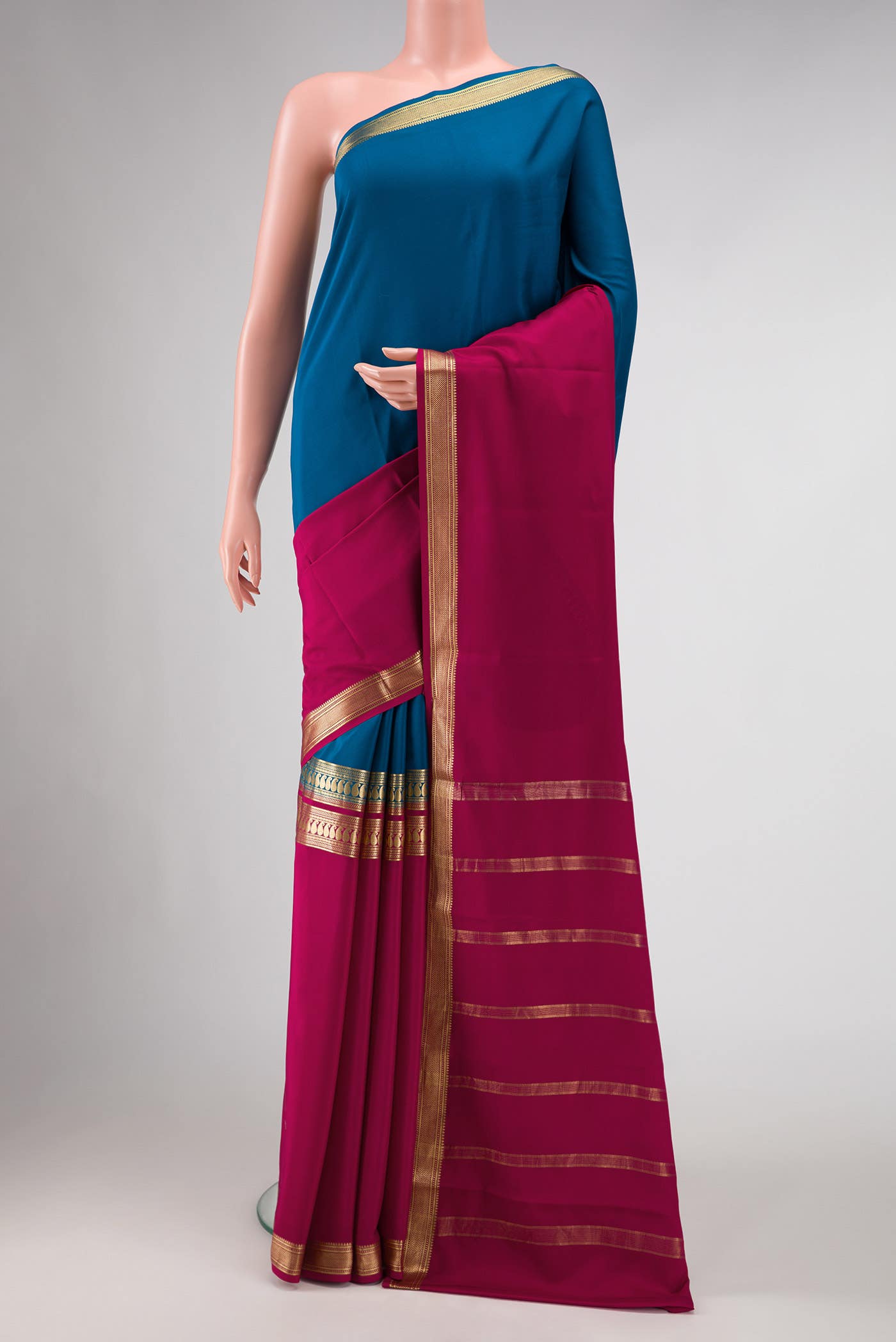 Dark Pink and Peacock Blue Dual Tone Mysore Crepe Saree