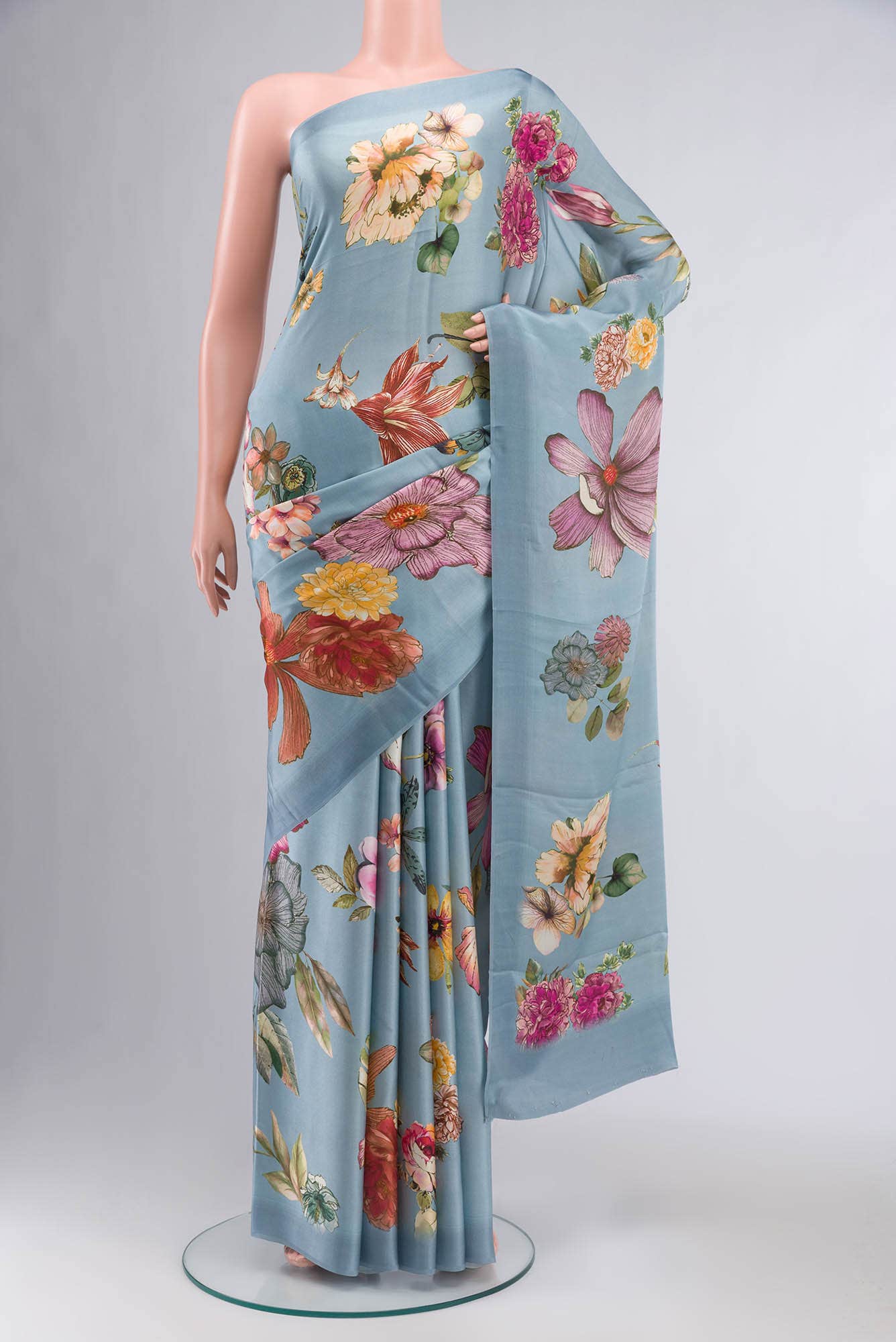 Blue Grey Satin Silk Saree