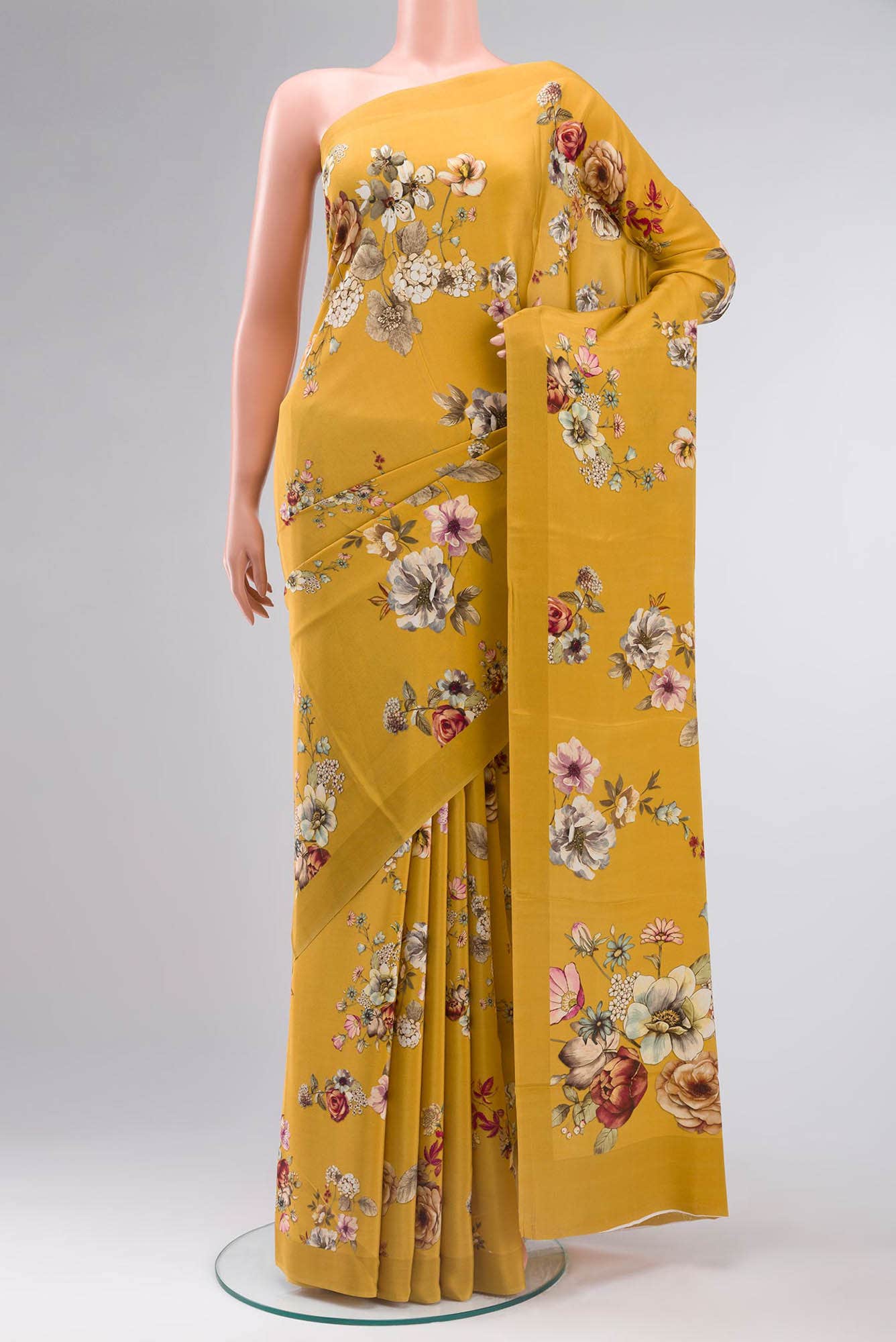 Yellow Mysore Crepe Saree