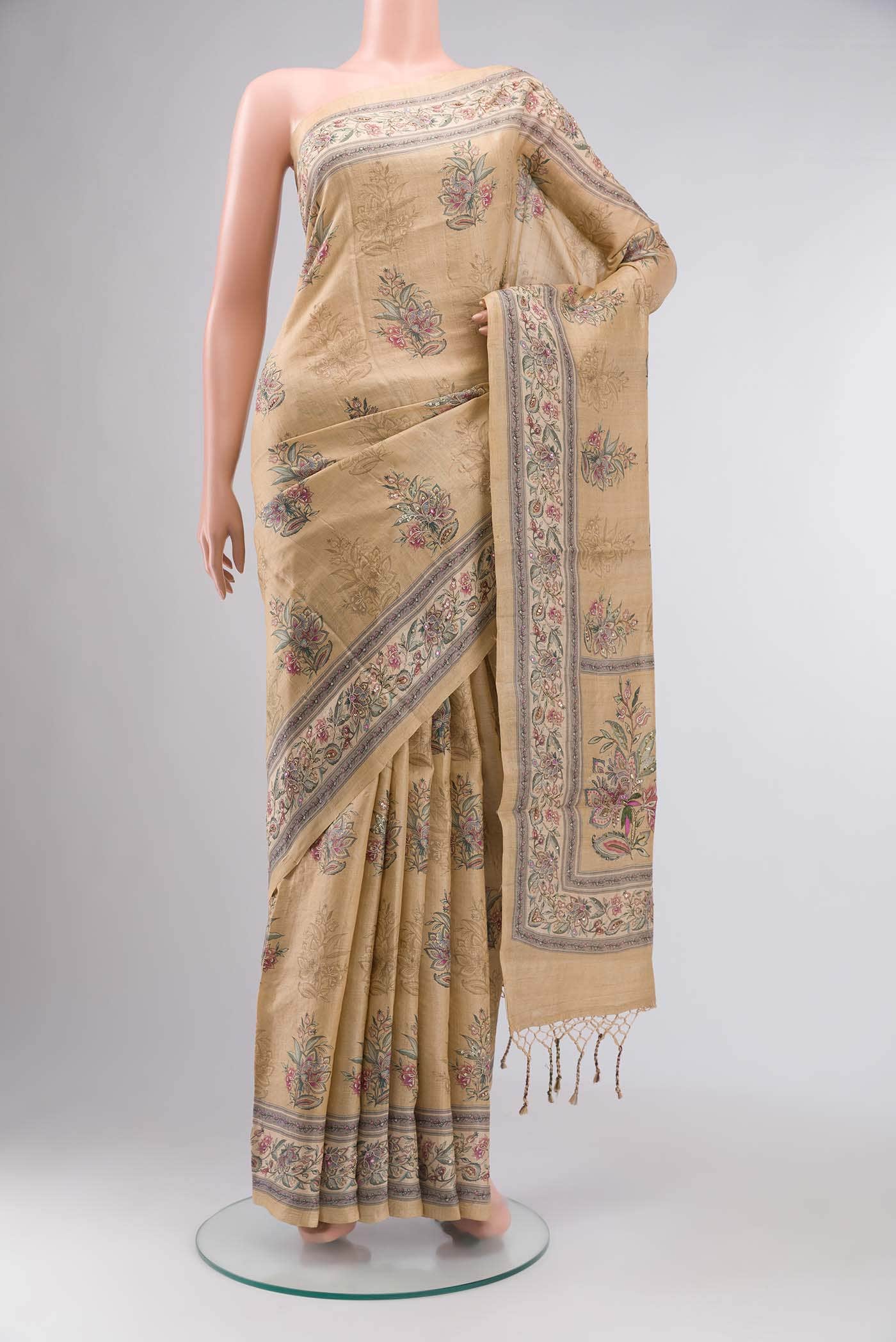 Beige Tussar Silk Saree