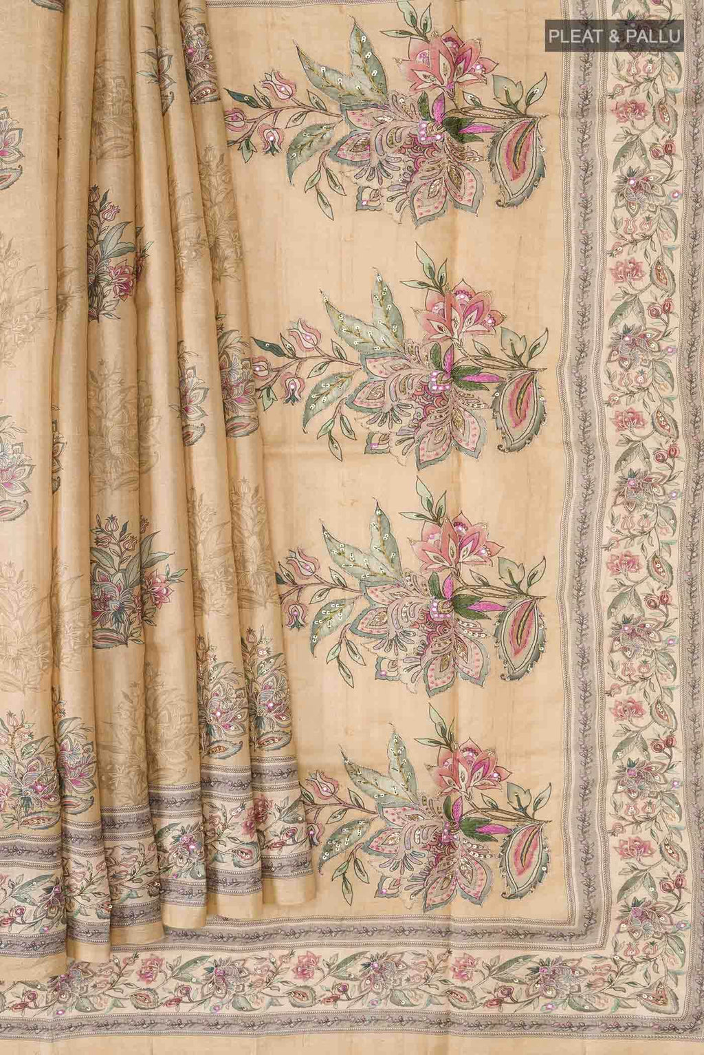 Beige Tussar Silk Saree