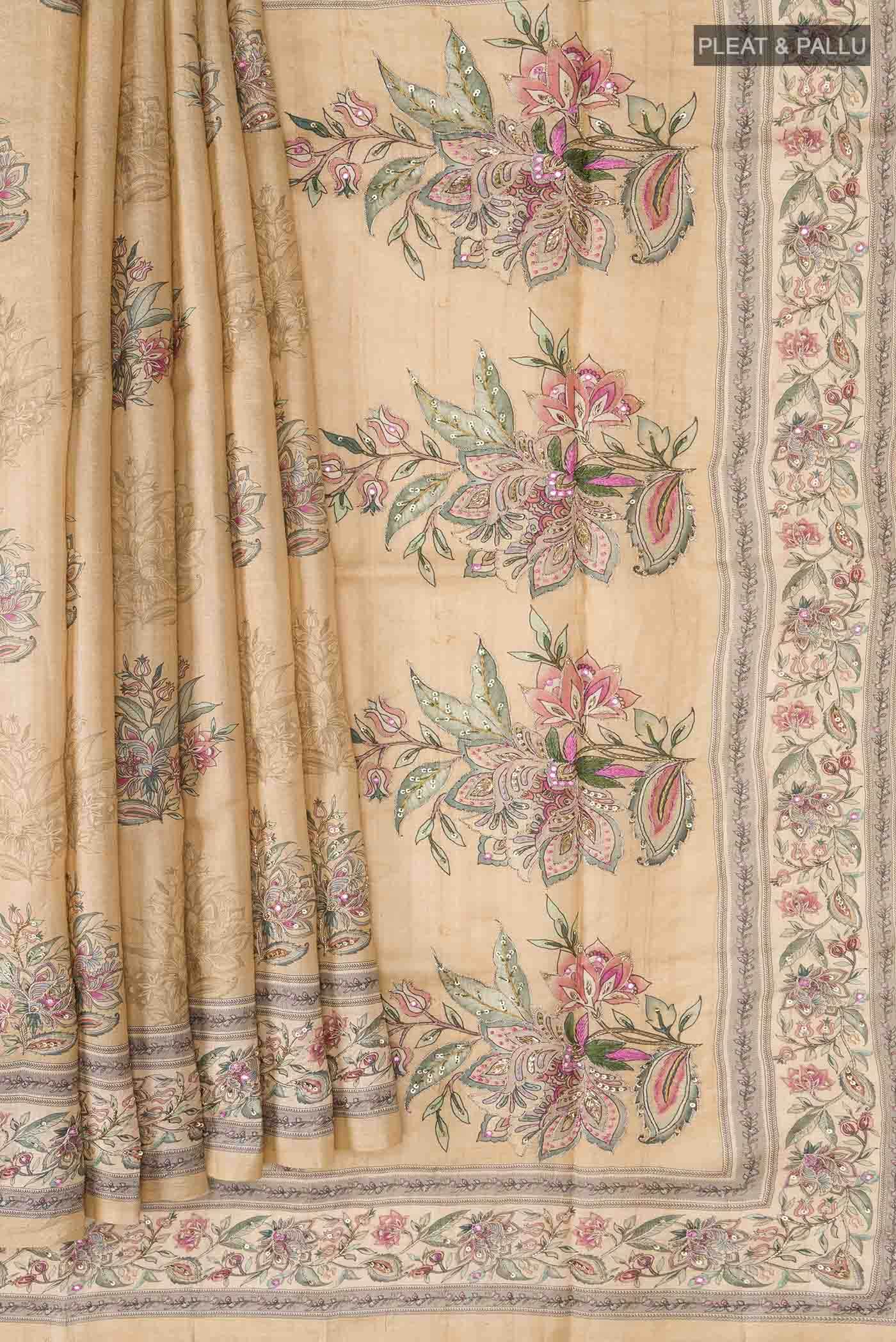 Beige Tussar Silk Saree