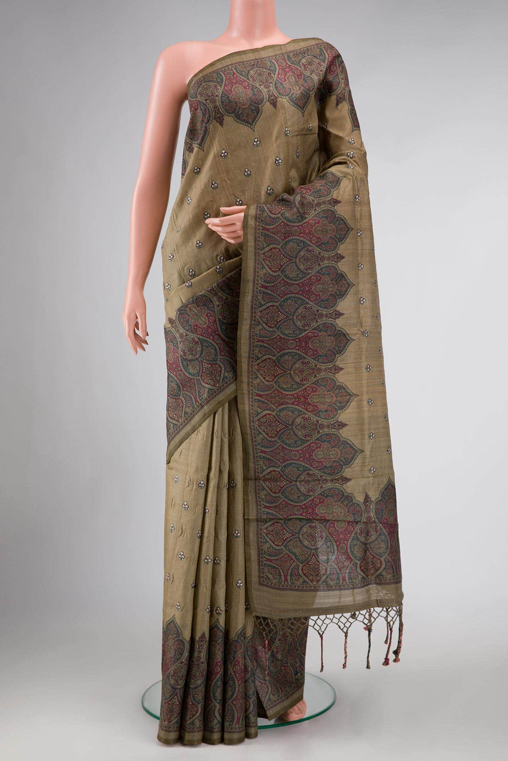 Dark Beige Tussar Silk Saree