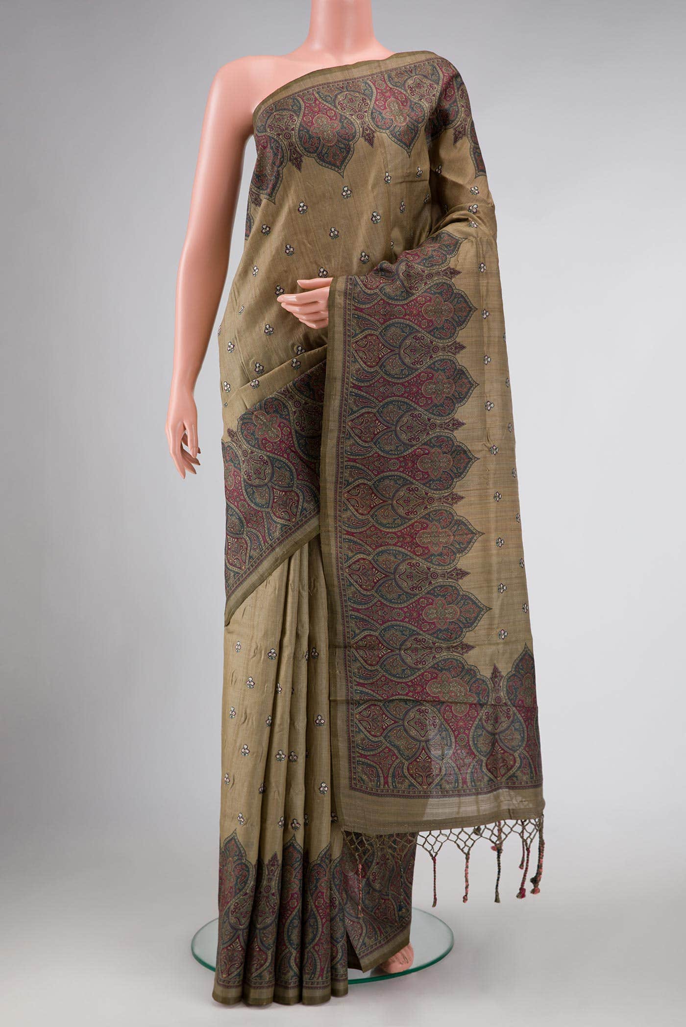 Dark Beige Tussar Silk Saree