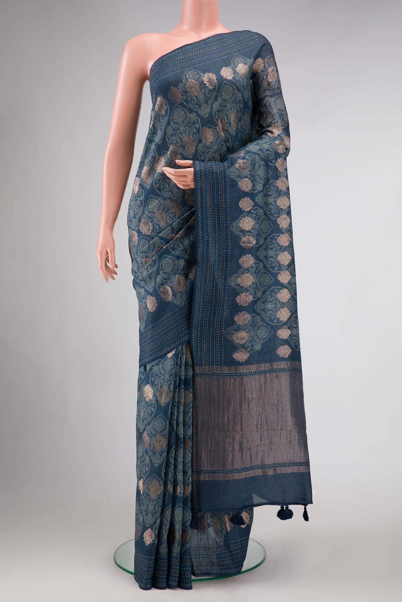 Blue Grey Tussar Silk Saree