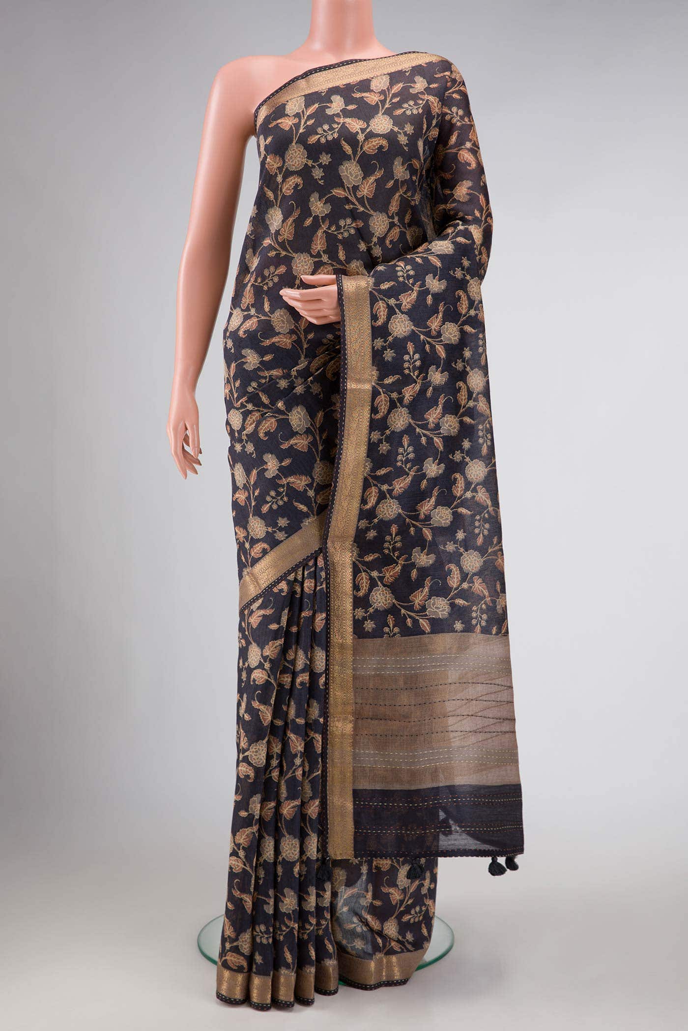 Navy Blue Tussar Silk Saree
