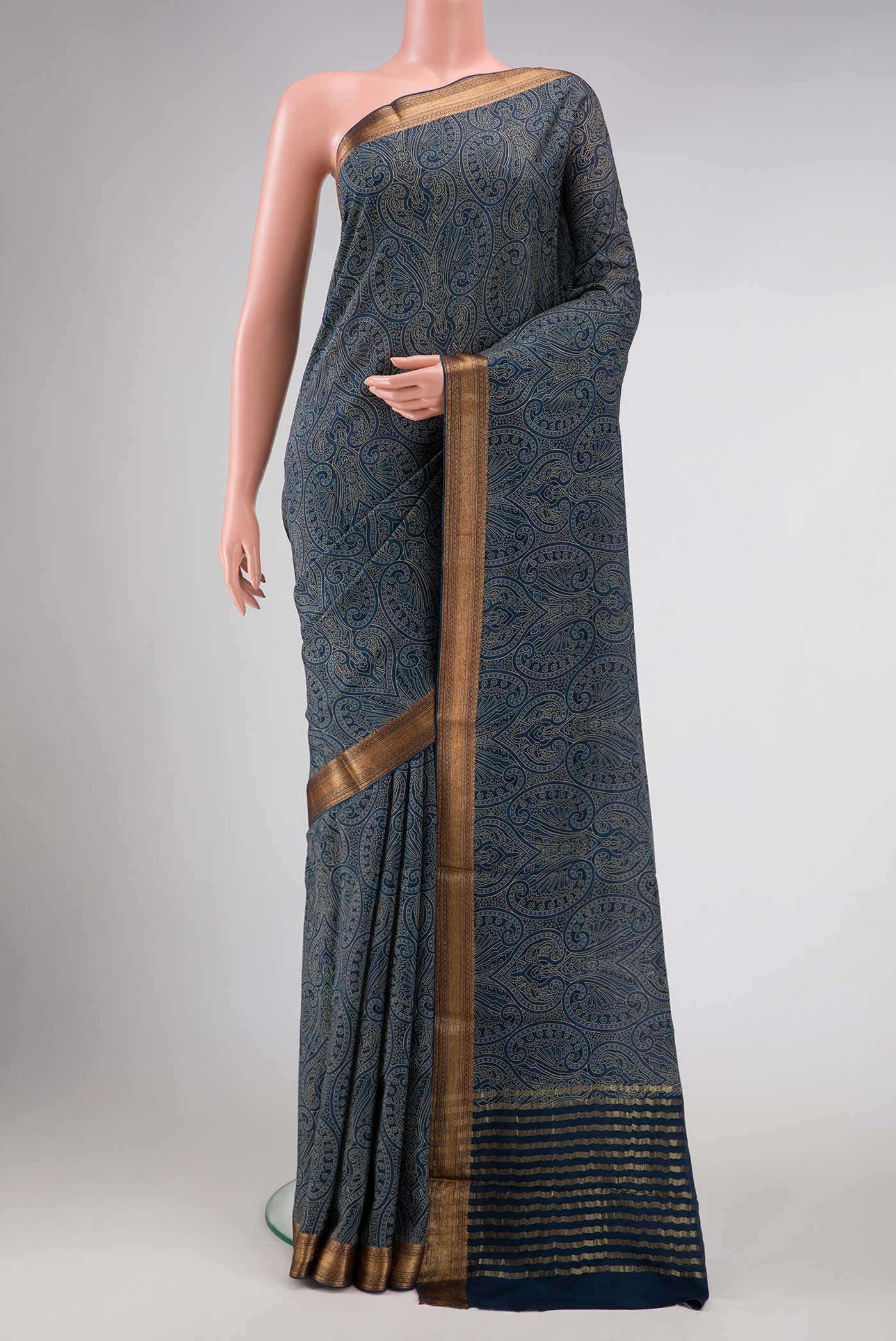 Blue Grey Satin Crepe Saree