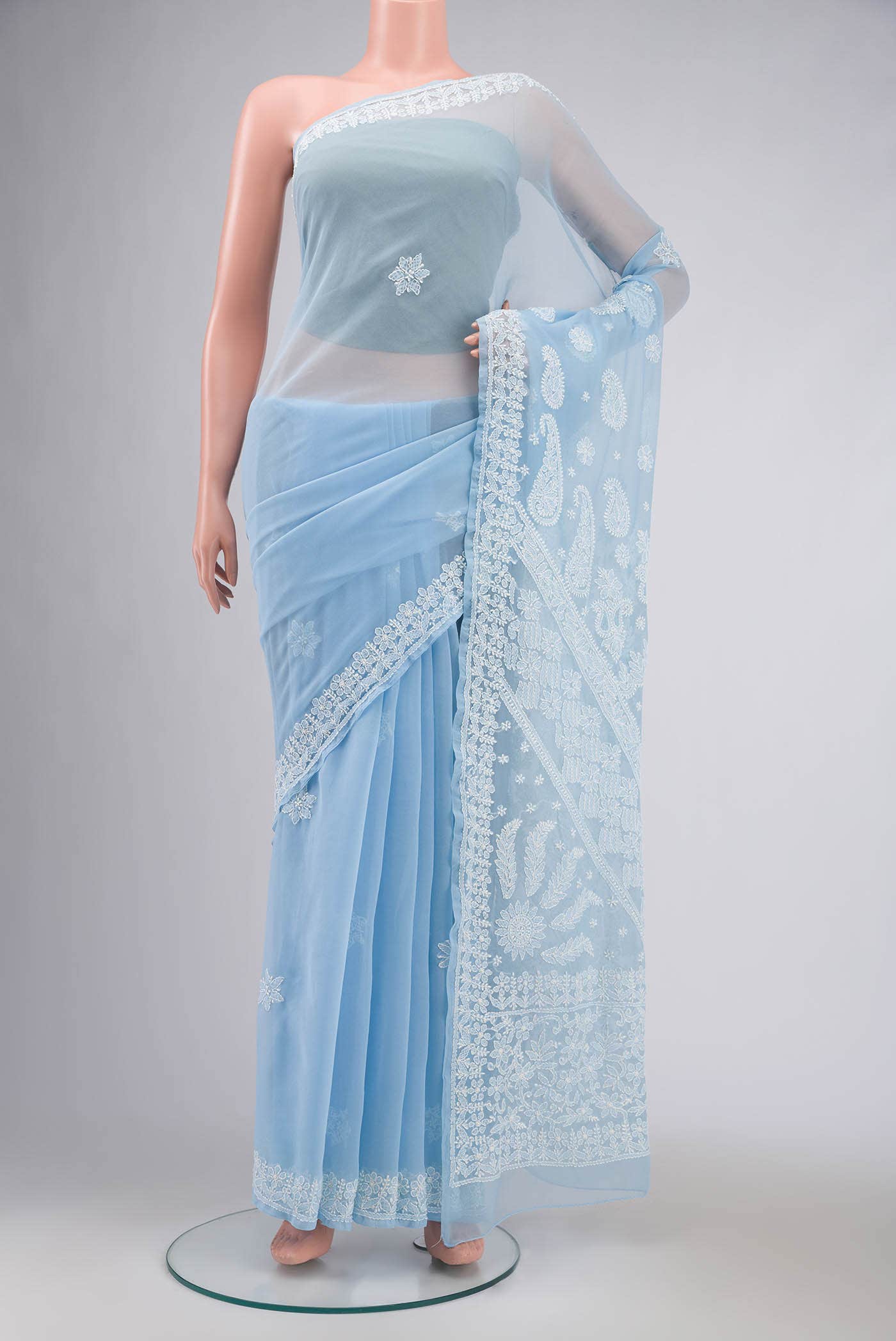 Light Blue Chikankari Georgette Saree
