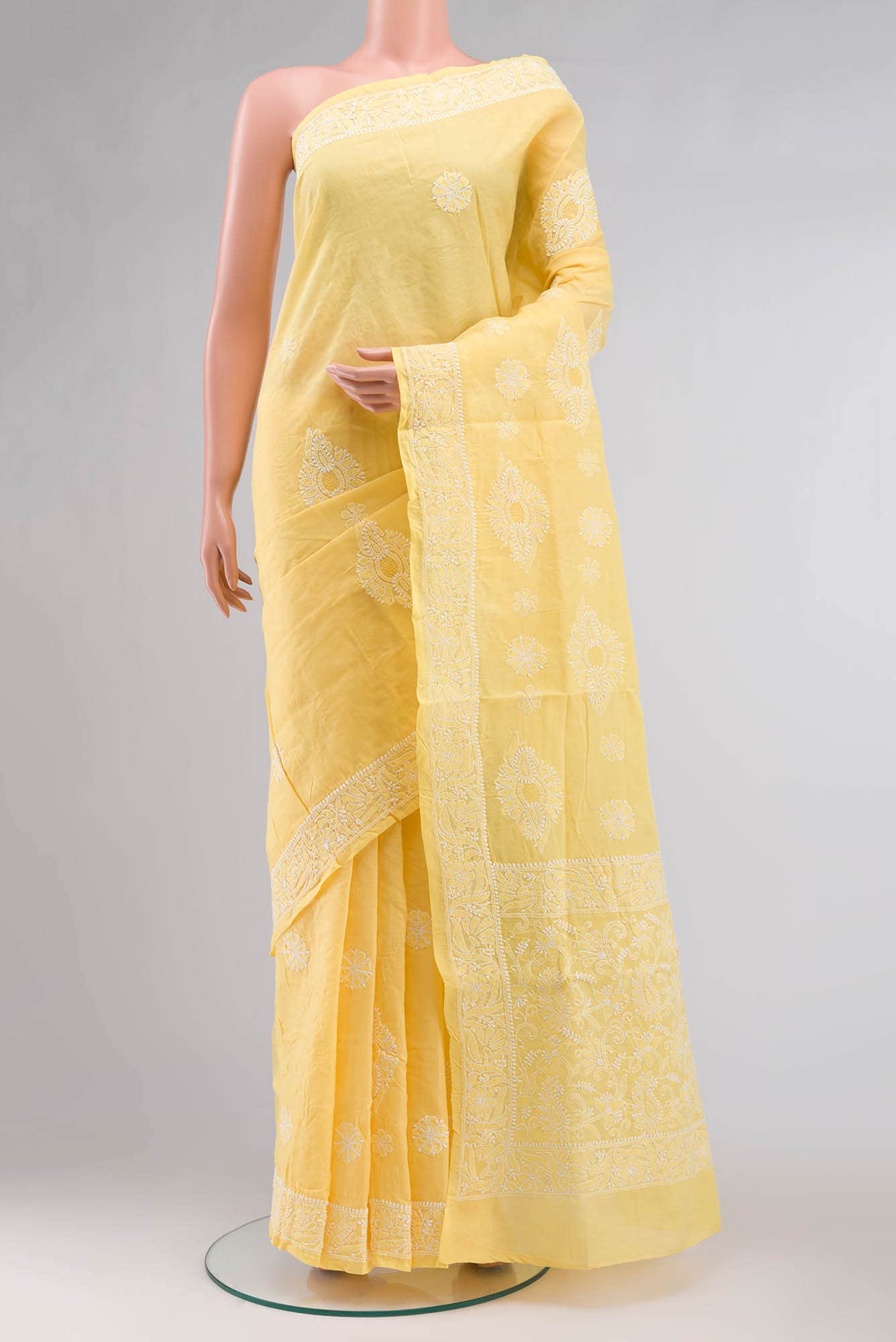 Yellow Chikankari Cotton Saree