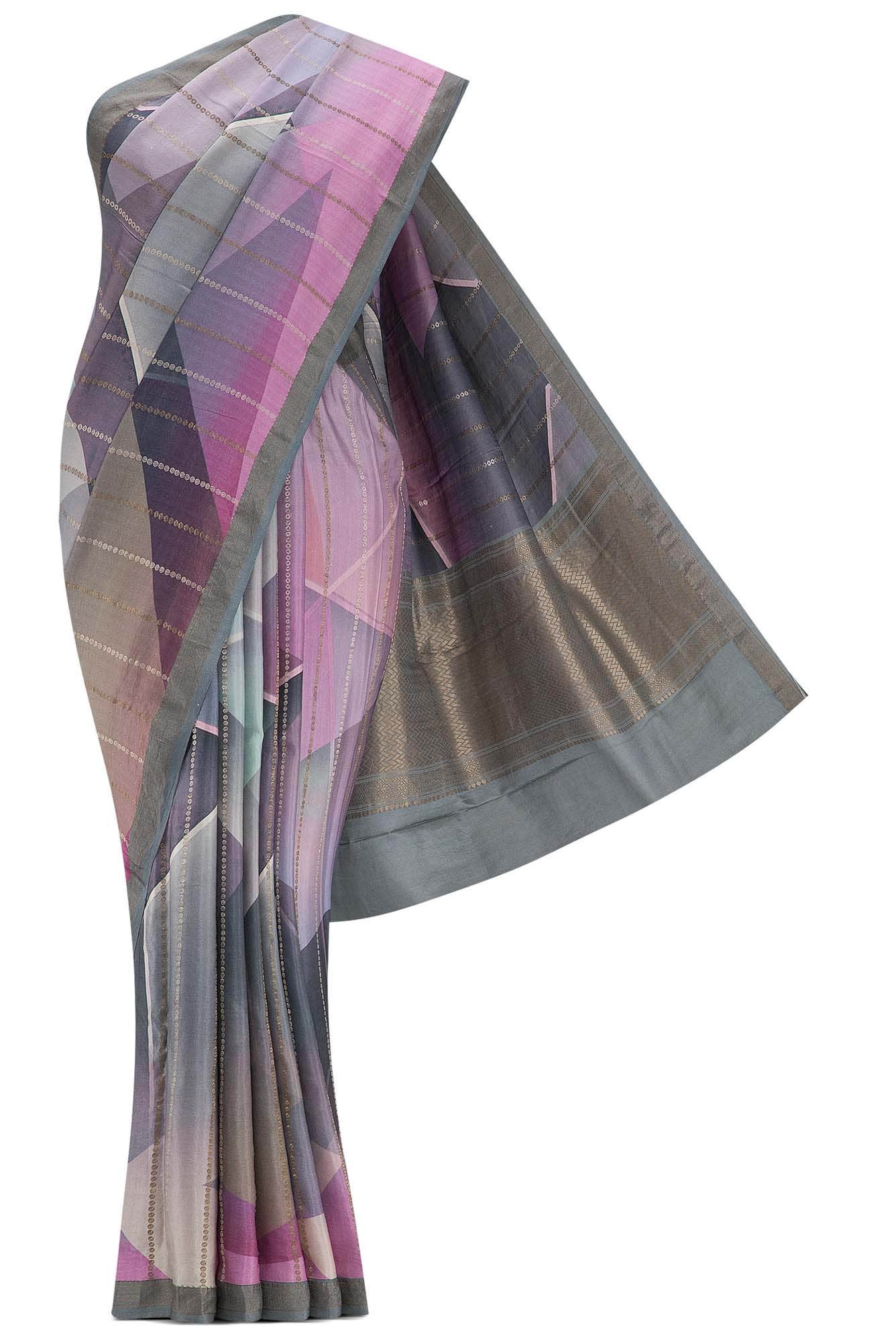 Grey and Lavender Dual Tone Mysore Crepe Saree