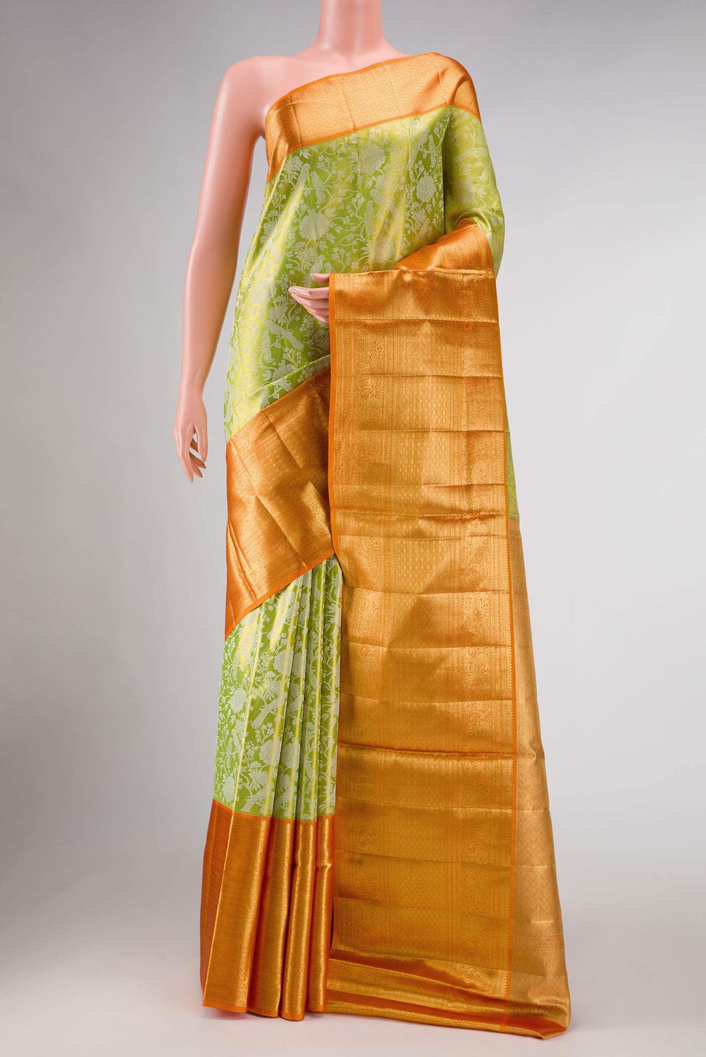 Parrot Green Dual Tone Kanjivaram Tissue Silk Saree