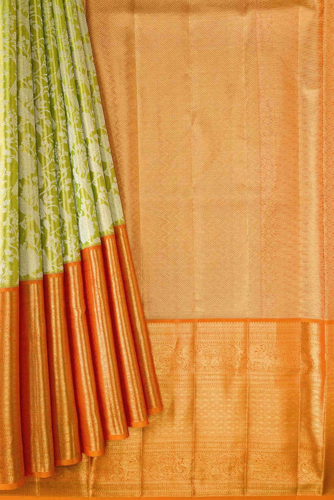 Parrot Green Dual Tone Kanjivaram Tissue Silk Saree