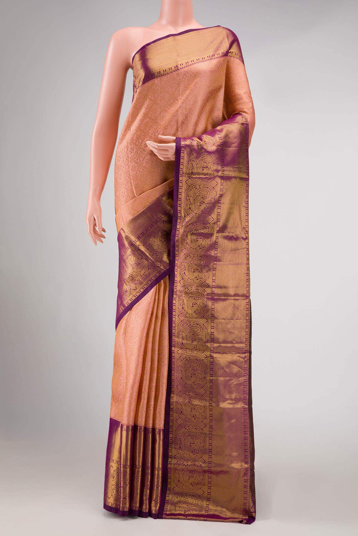 Golden Peach Kanchipuram Silk Saree