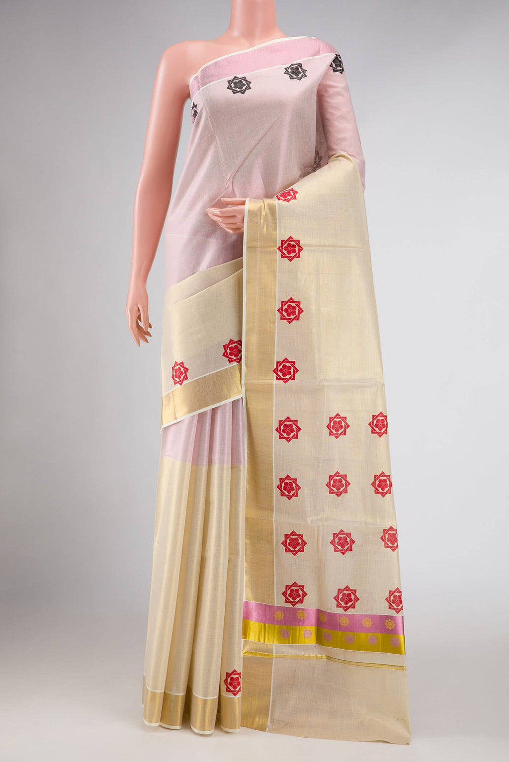 Pink and Gold Dual Tone Kerala Cotton Saree