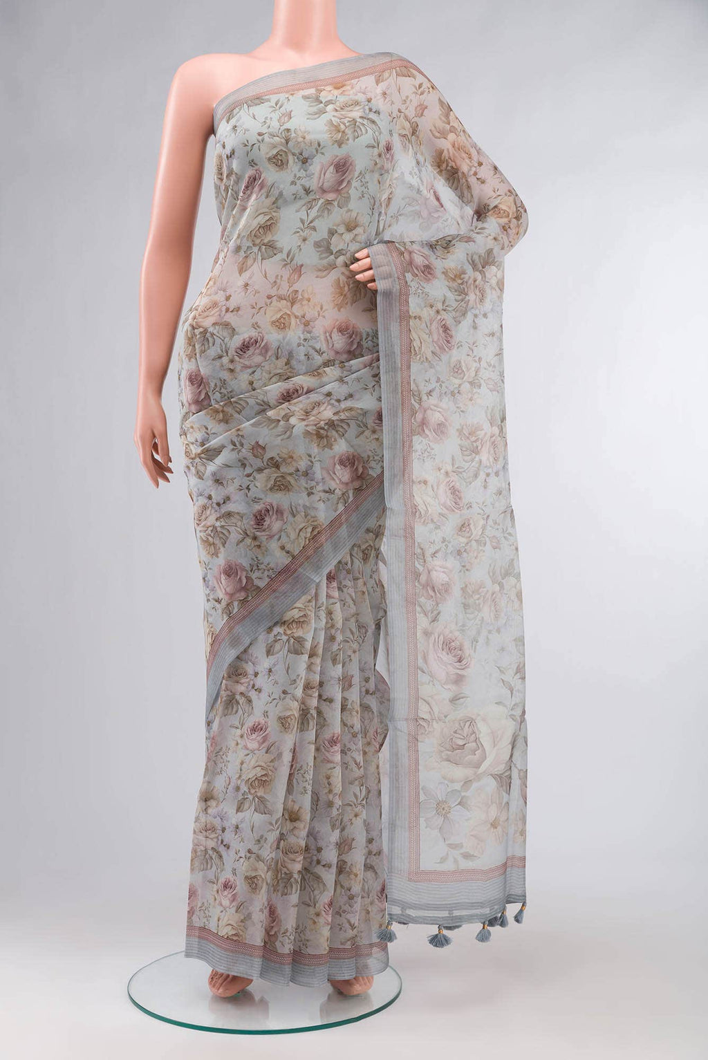 Blue Grey Organza Silk Saree