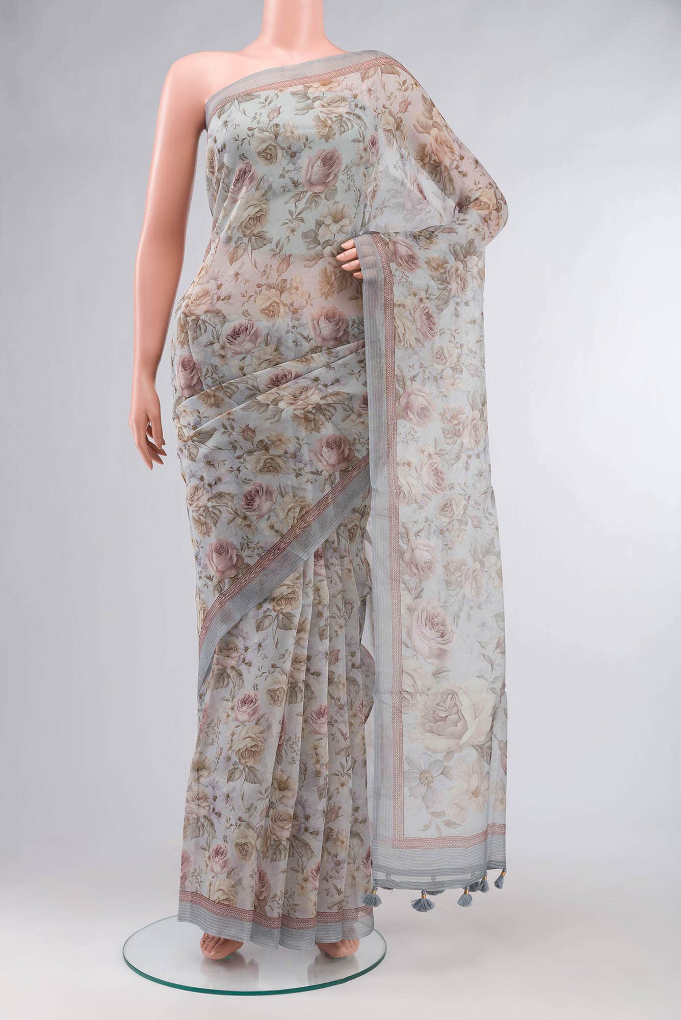 Blue Grey Organza Silk Saree