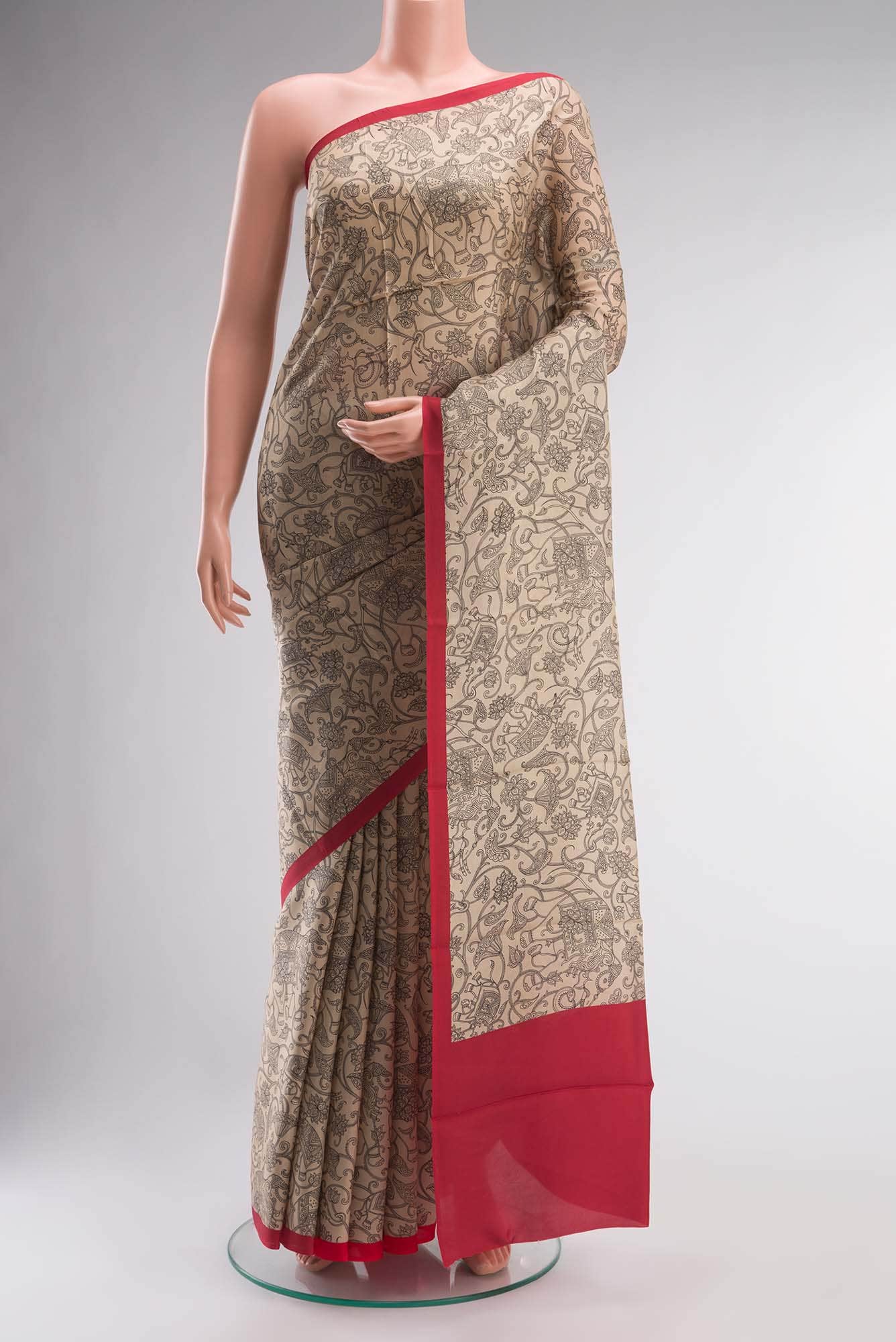 Beige Printed Silk Saree