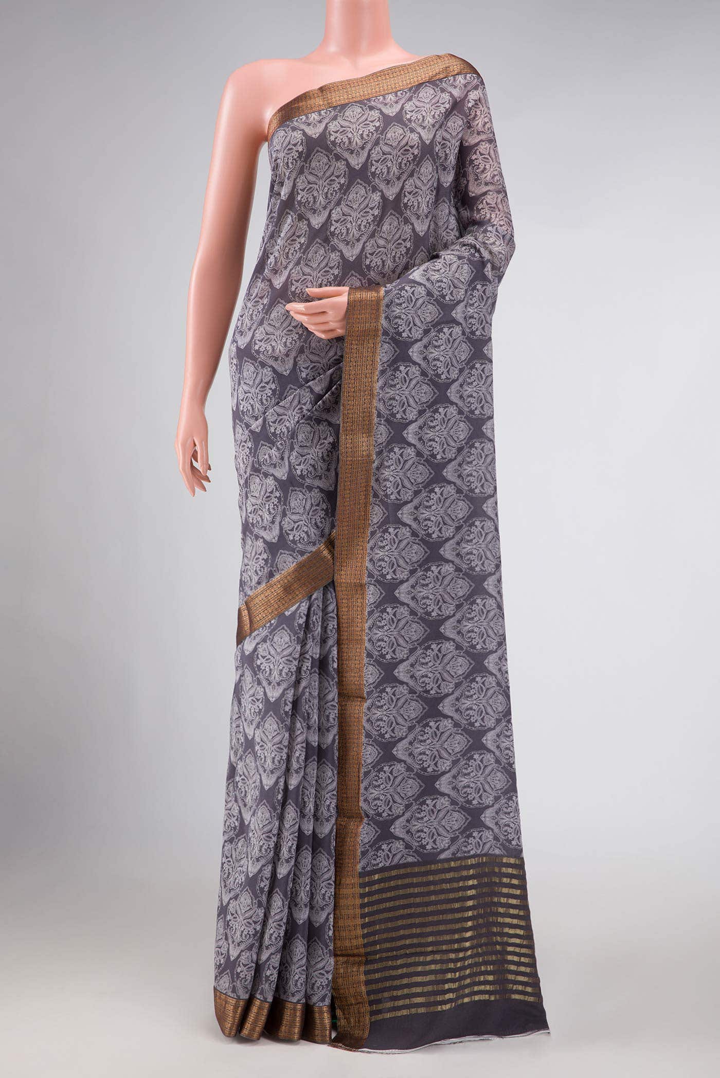Grey Mysore Crepe Saree