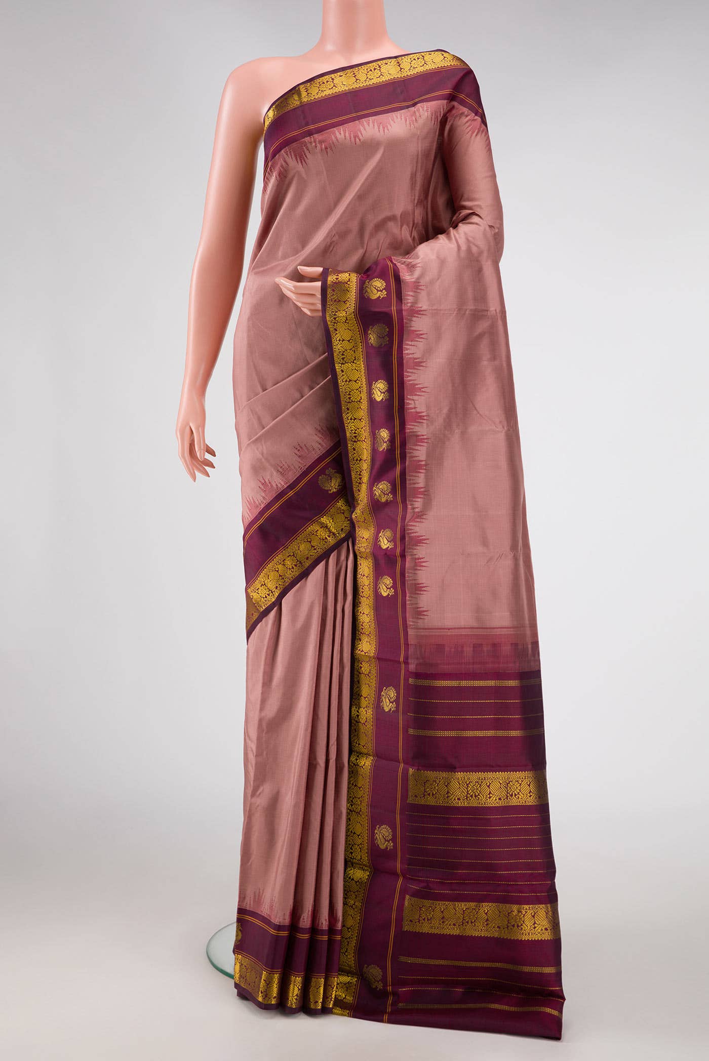 Pure Silk Pure Zari Rose Gold Dual Tone Kanchipuram Saree
