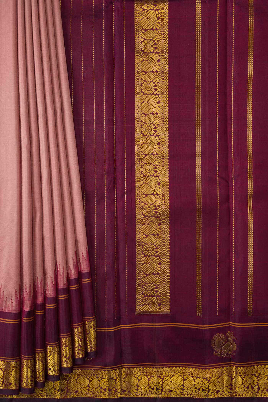 Pure Silk Pure Zari Rose Gold Dual Tone Kanchipuram Saree