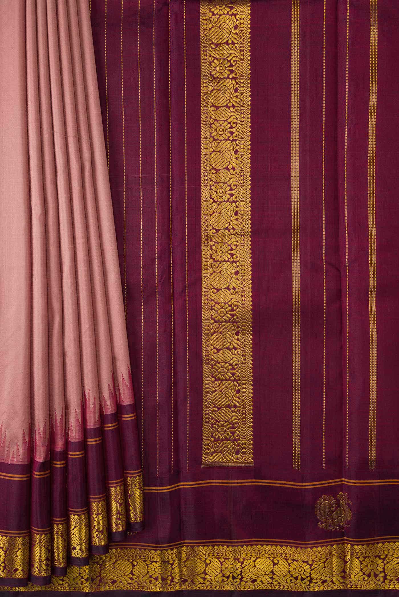 Pure Silk Pure Zari Rose Gold Dual Tone Kanchipuram Saree