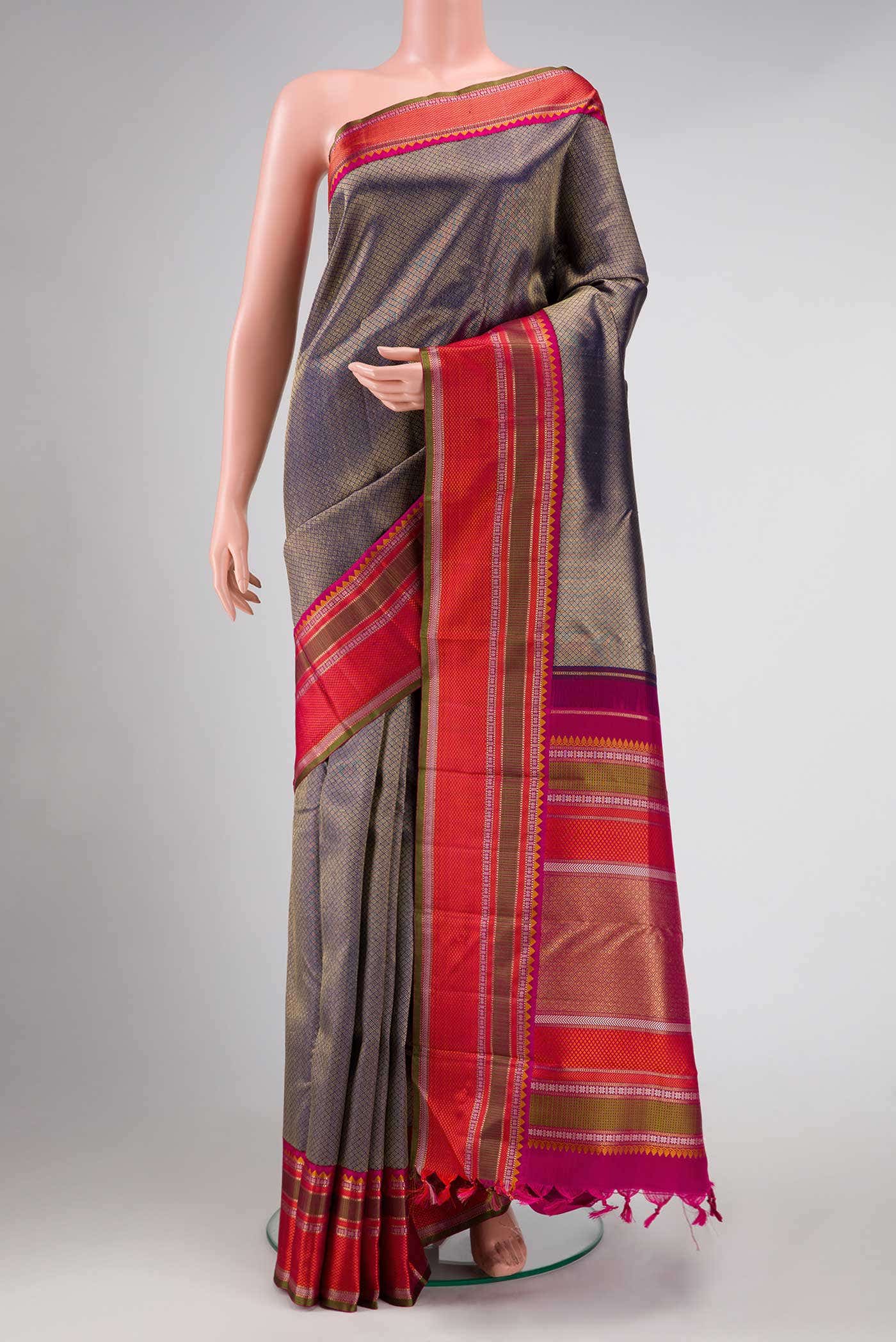 Pure Silk Pure Zari Navy Blue Dual Tone Kanjivaram Saree