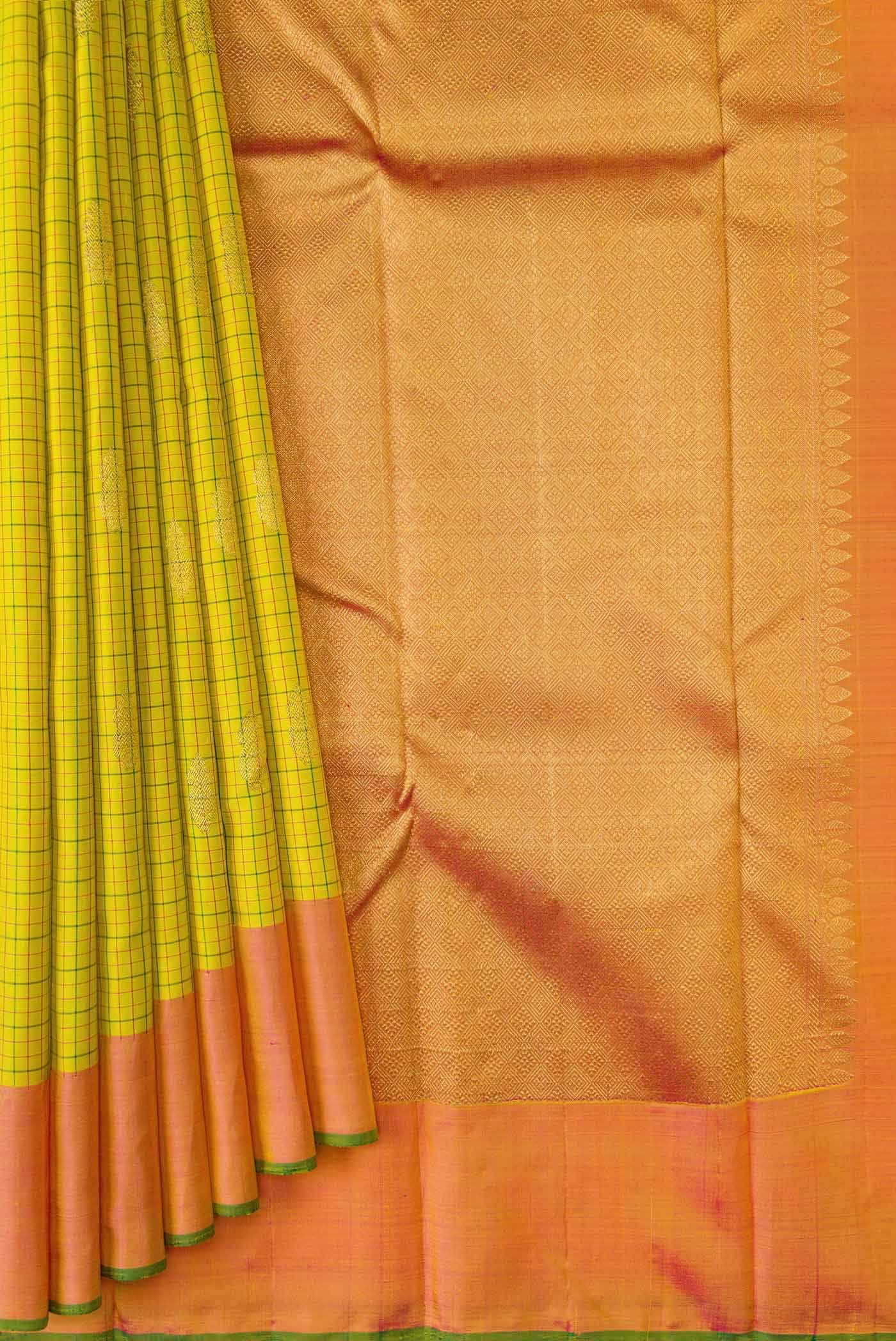 Pure Silk Pure Zari Yellow Dual Tone Kanchipuram Saree