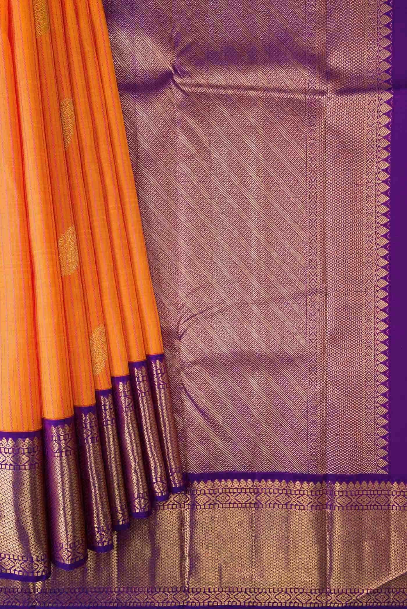 Pure Silk Pure Zari Golden Peach Dual Tone Kanchipuram Saree