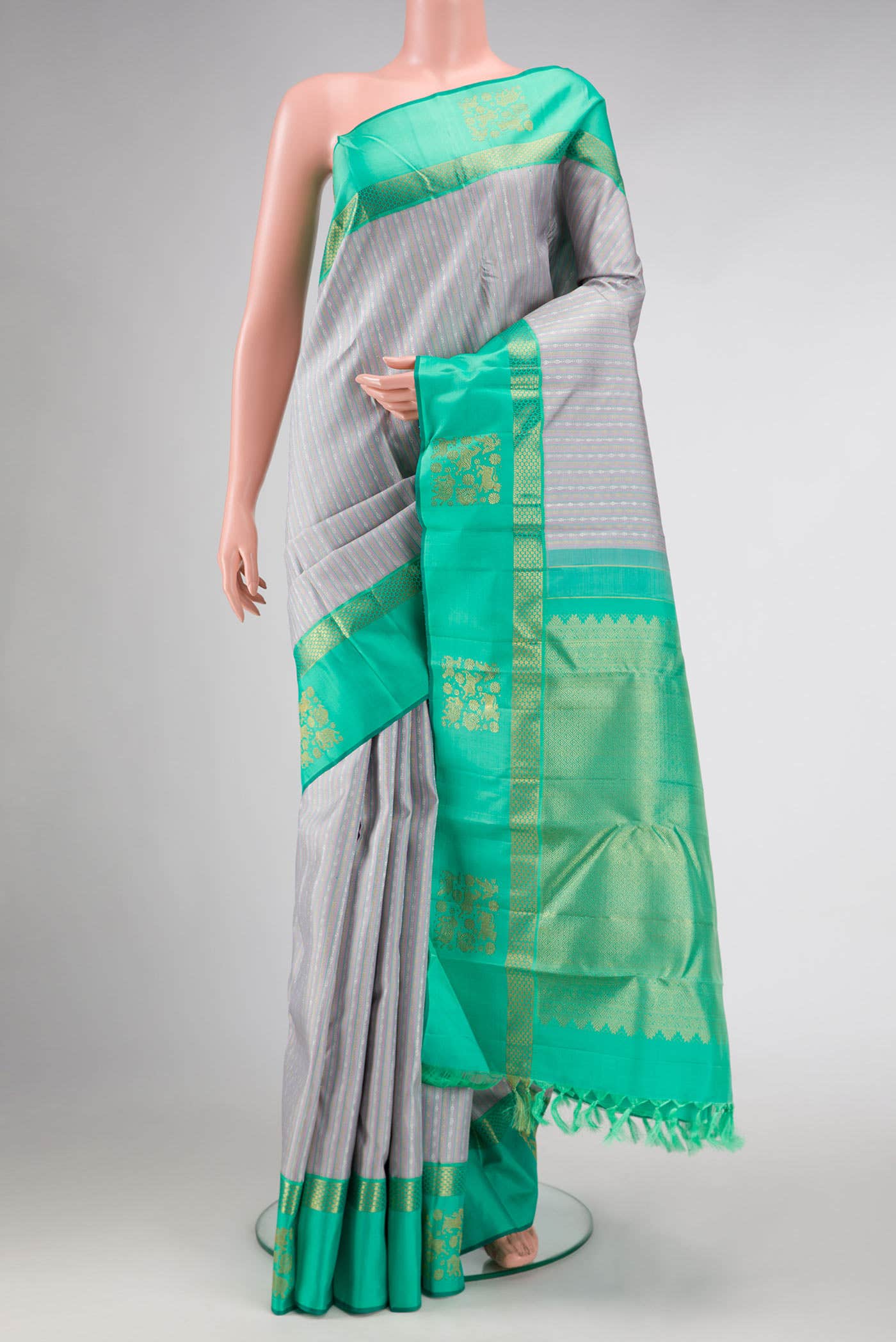 Pure Silk Pure Zari Grey Dual Tone Kanchipuram Saree