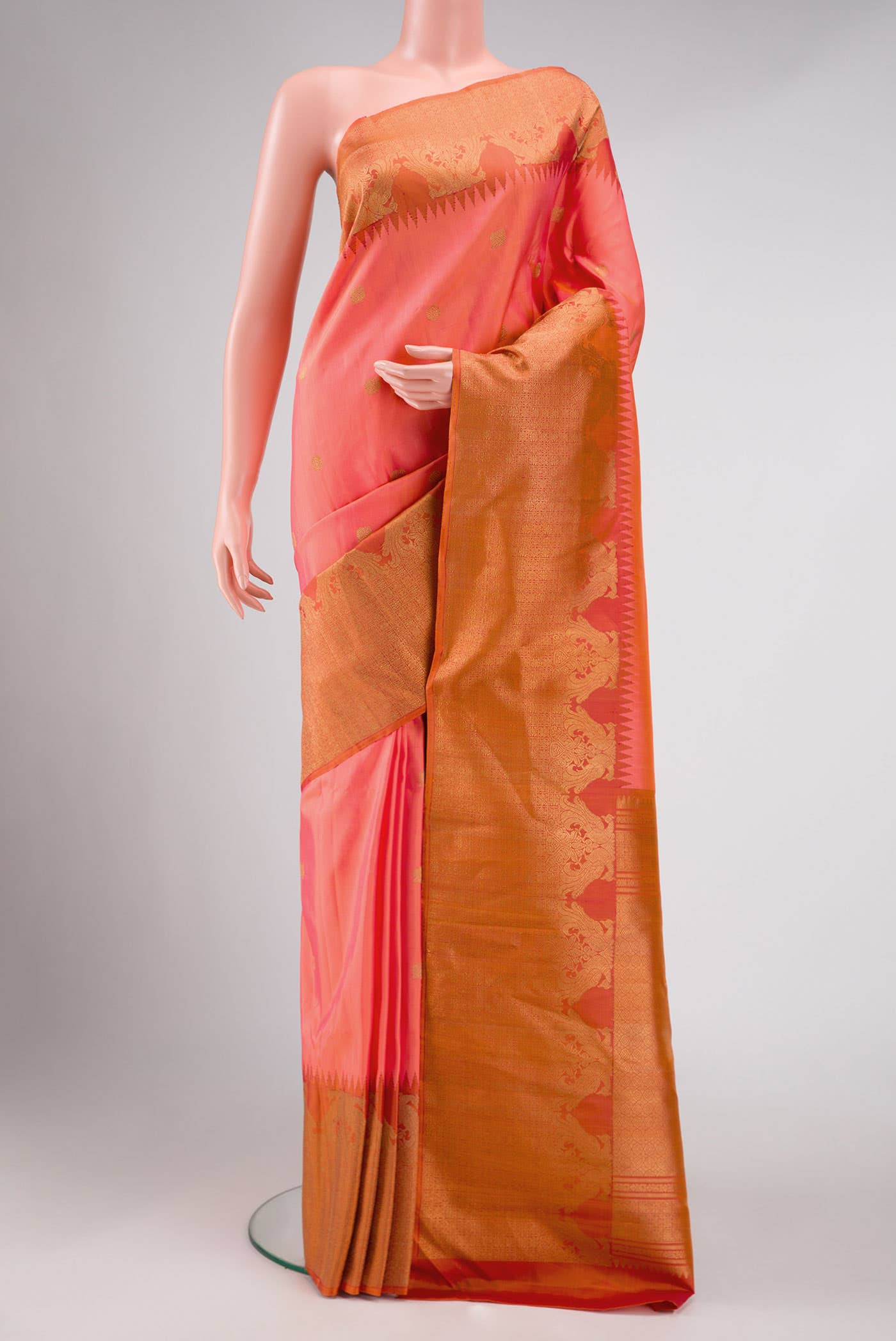 Coral Dual Tone Kanchipuram Silk Saree