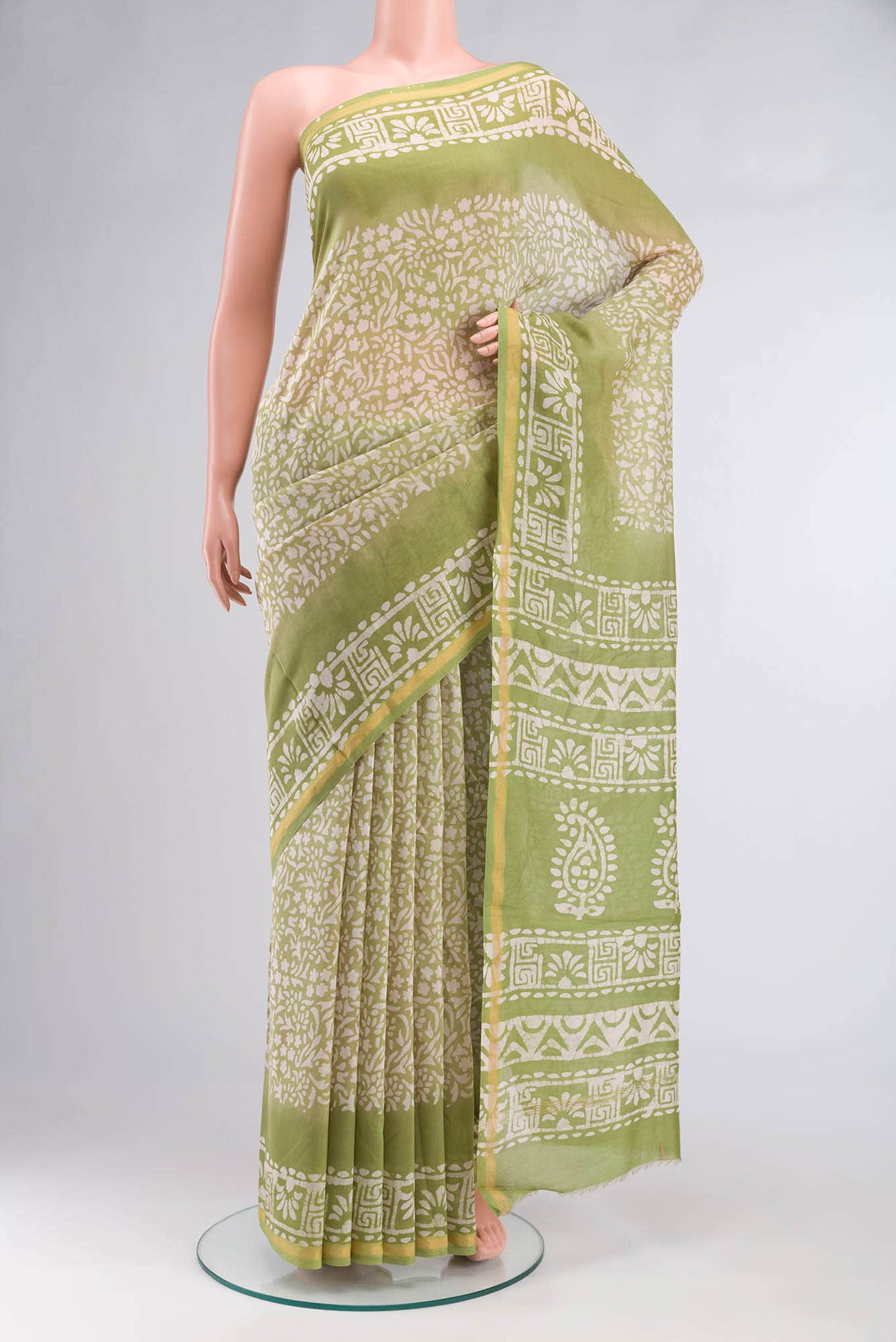 Light Green Maheshwari Silk Cotton Saree