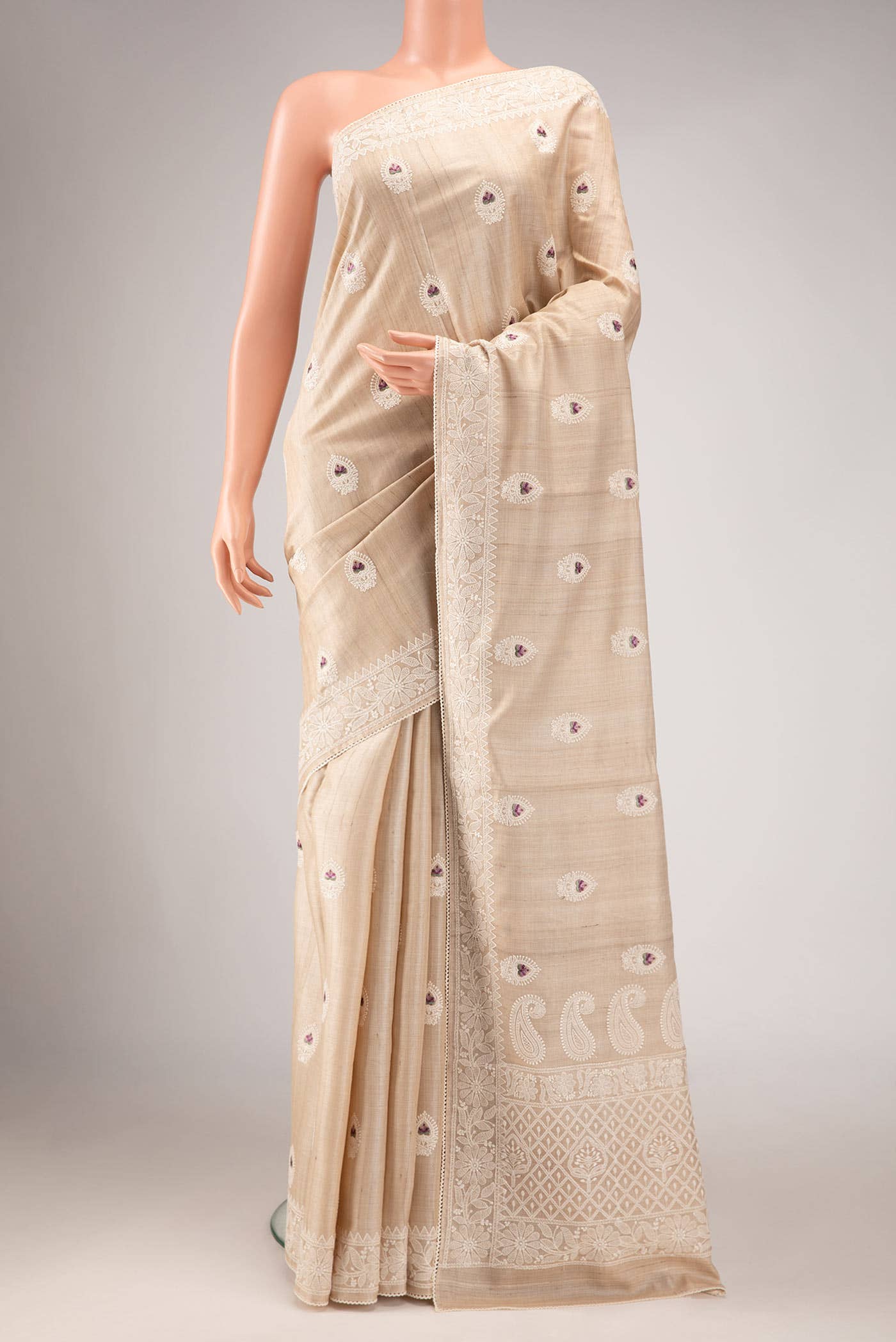 Beige Tussar Silk Saree