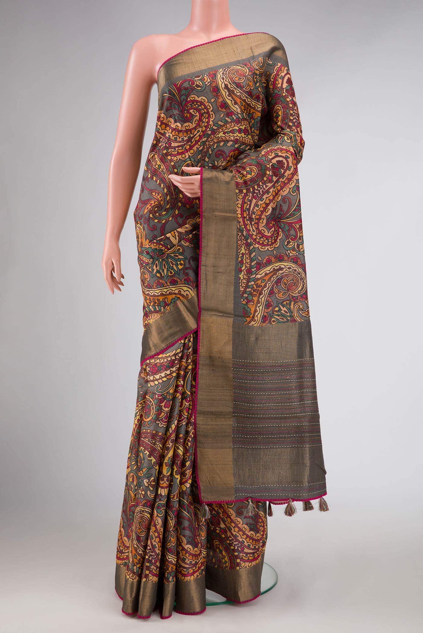 Grey Tussar Silk Saree