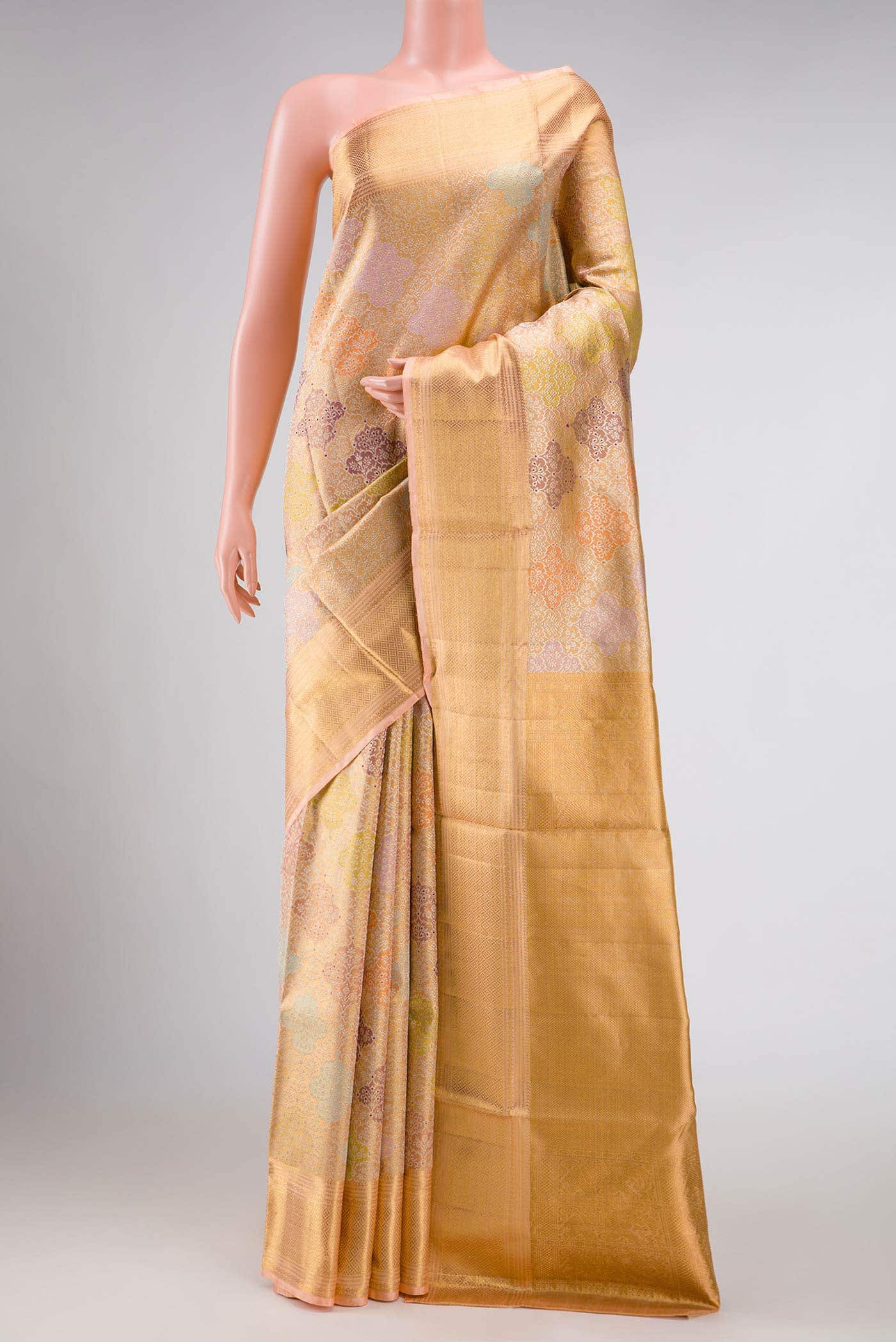 Golden Peach Dual Tone Kanchipuram Tissue Silk Saree