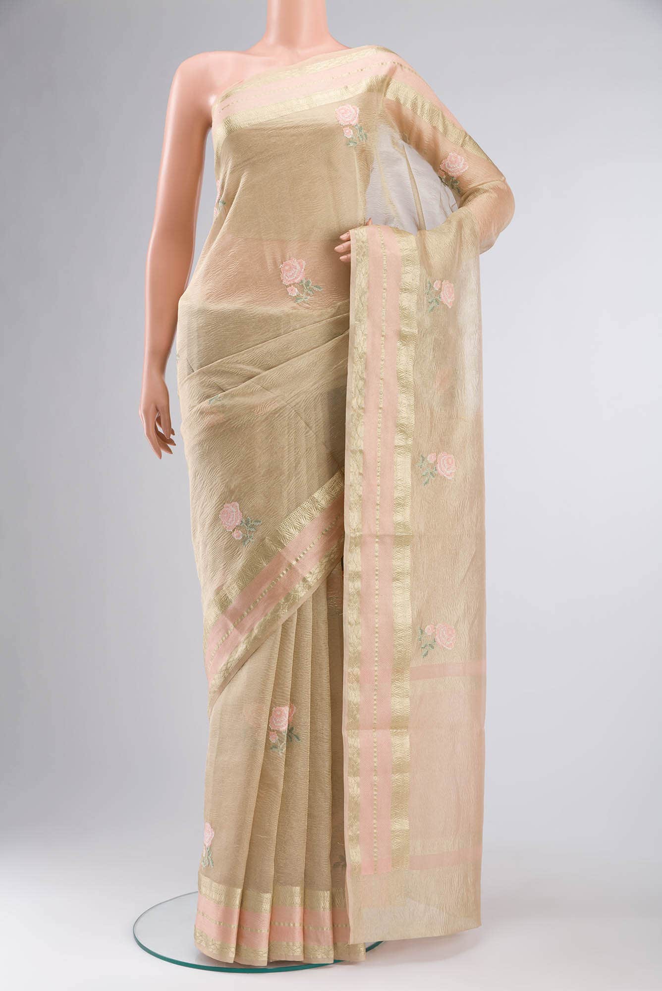 Gold with Peach Dual Tone Blended Tissue Silk Saree